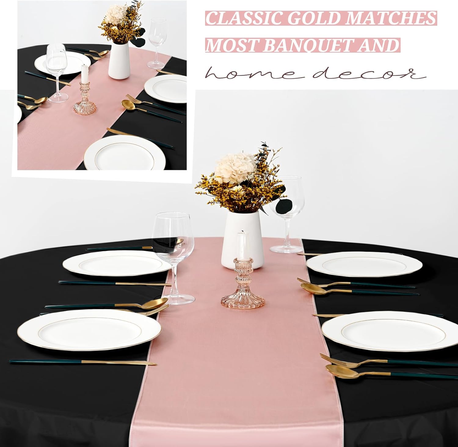10 manteles desechables de plástico negro de 84 pulgadas con 10 manteles de satén color oro rosa de 12 x 108 pulgadas, manteles impermeables para