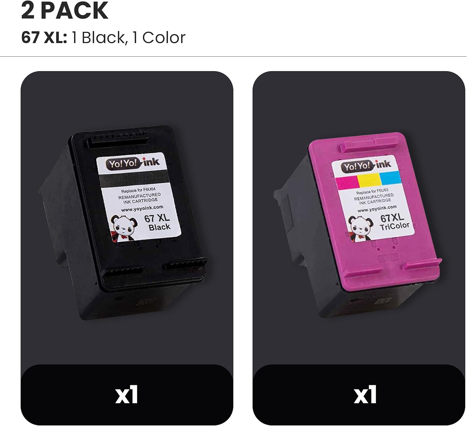 YoYoink Cartuchos de tinta remanufacturados HP 67XL de repuesto para cartuchos de tinta HP 67, paquete combinado de color negro (1 negro, 1 color 2