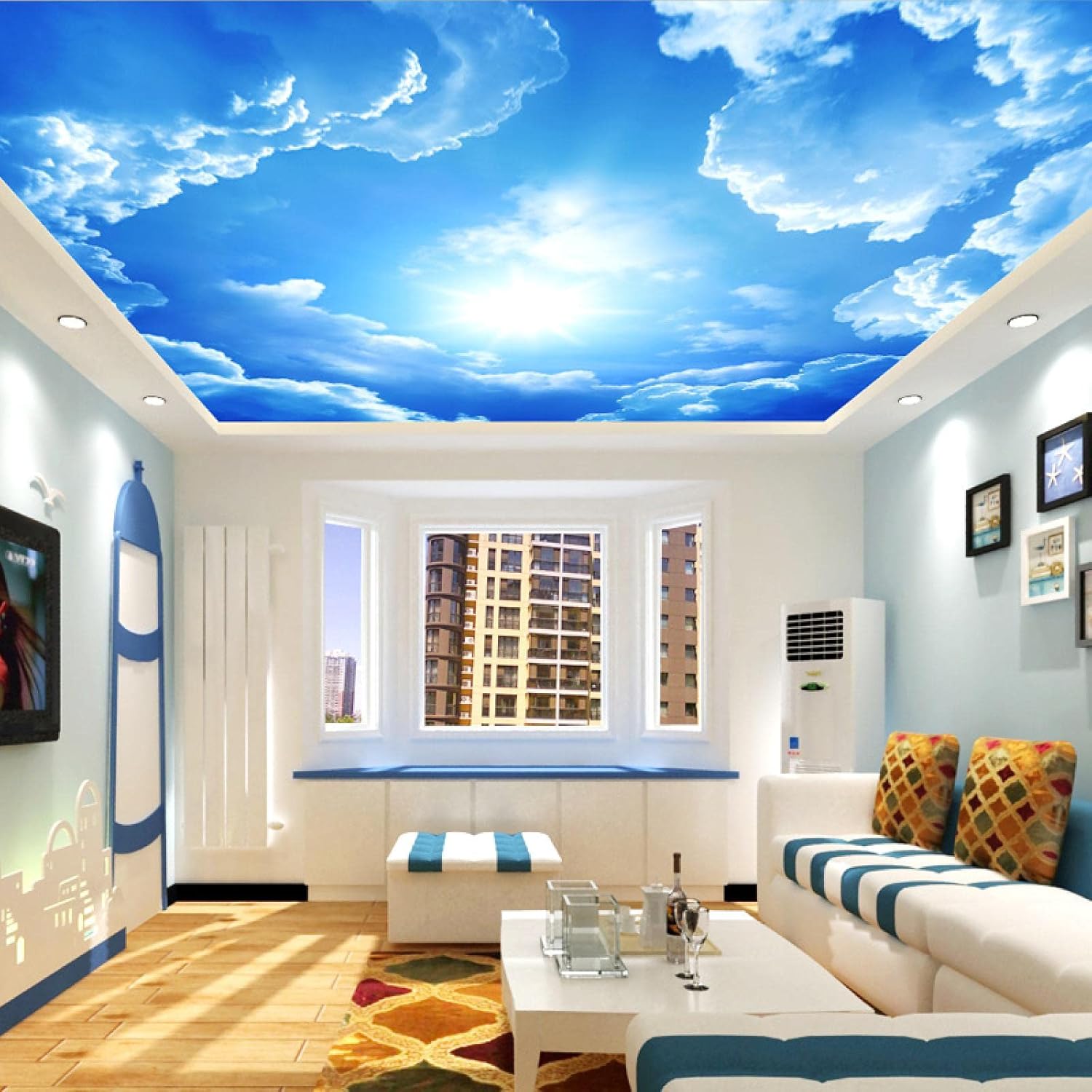 Papel tapiz 3D de cielo azul y nubes blancas para techo, papel tapiz de paisaje removible, espacio mural, sala de estar, dormitorio, TV, telón de