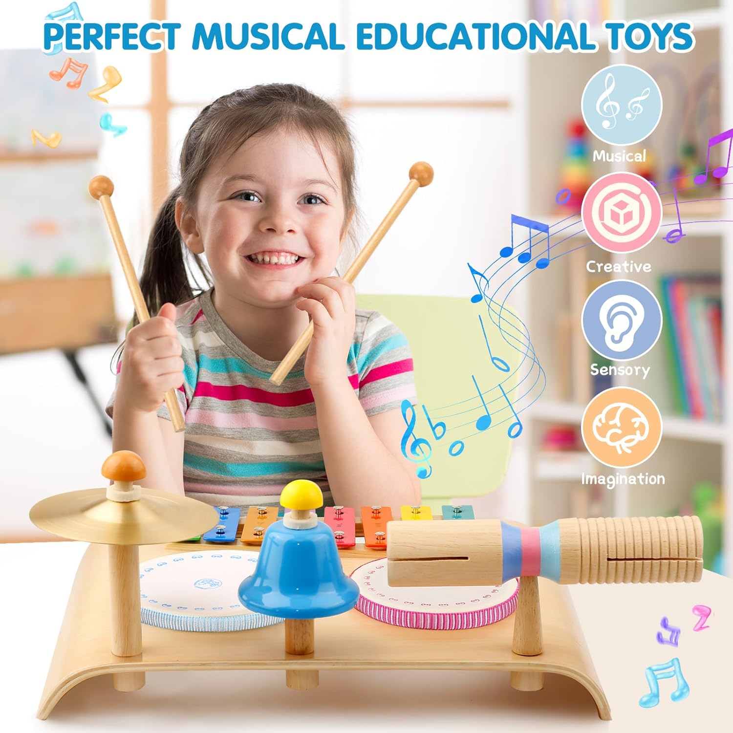 Juego de batería para niños, tambor para niños pequeños con xilófono, instrumentos de percusión de madera 8 en 1, juguetes musicales Montessori,