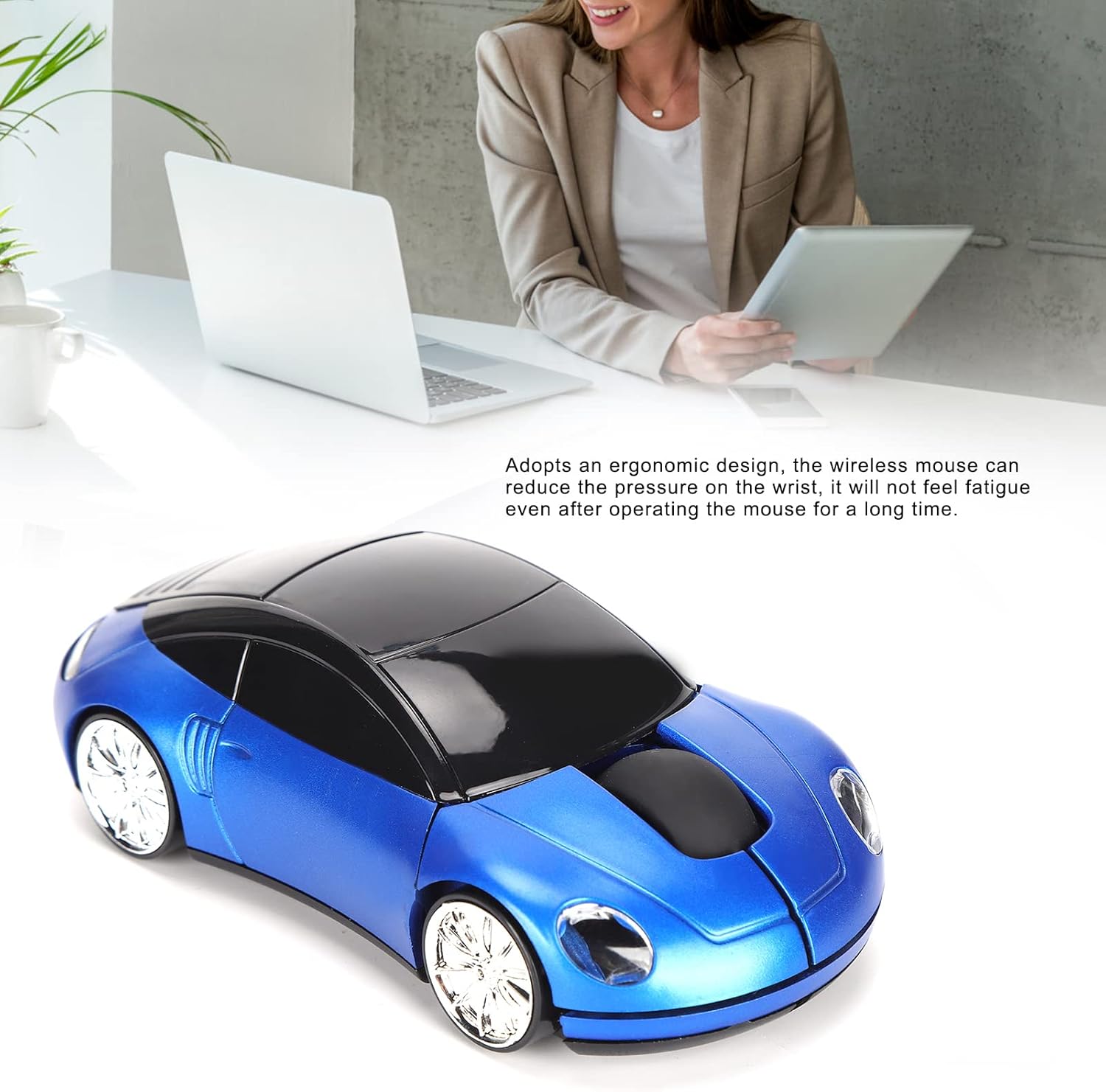 ASHATA Ratón inalámbrico portátil en forma de coche inteligente de 2.4G con mini receptor, diseño ergonómico, material ABS, para oficina, laptop,