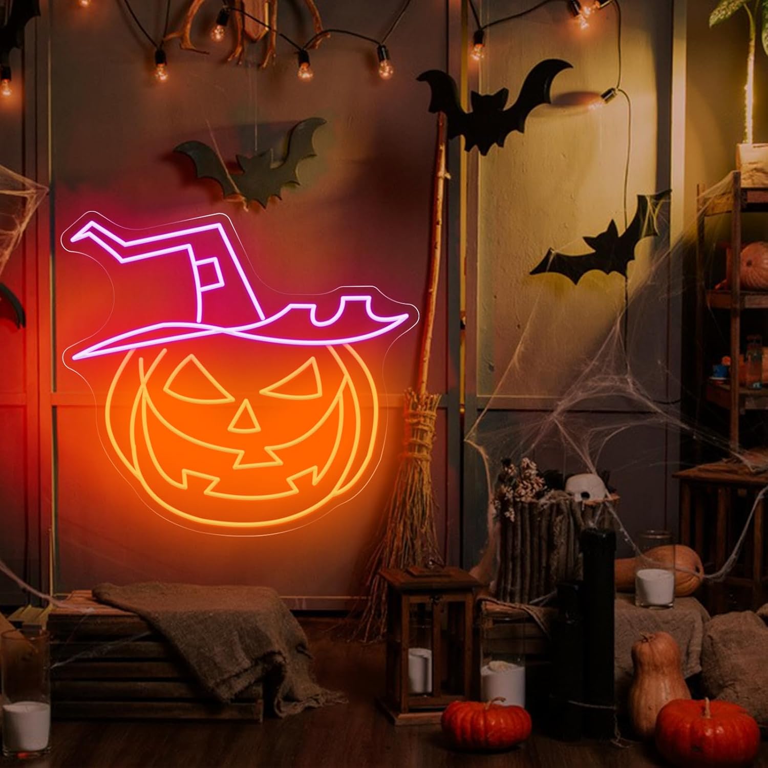Letrero de neón de calabaza de Halloween, letreros de neón personalizados para decoración de pared, luz LED de noche de neón, decoración de