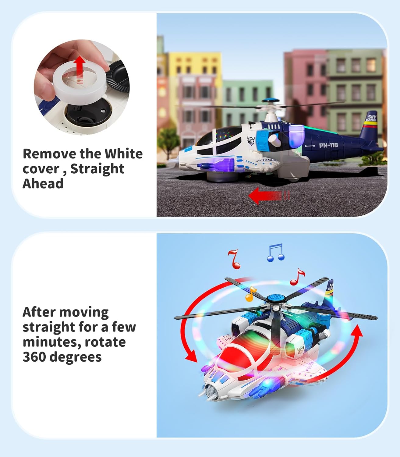 Geyiie Juguetes de helicóptero para niños, avión de juego con luces y sonidos, libertad de 360 y avión de dirección automática, juguetes de