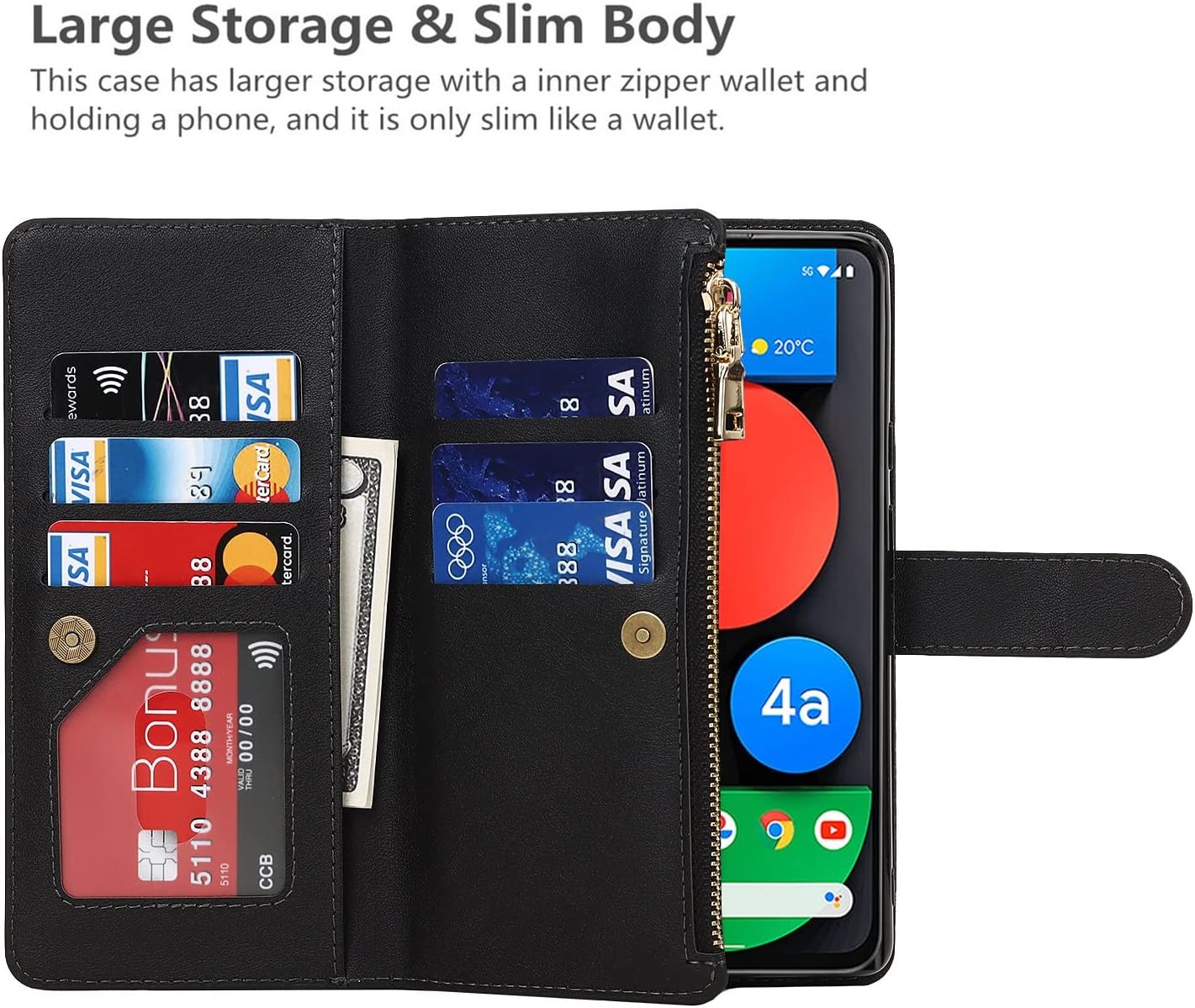iCoverCase Funda tipo cartera para Google Pixel 4a 5G con soporte para tarjetas, función atril, funda de piel sintética con cordón ajustable para