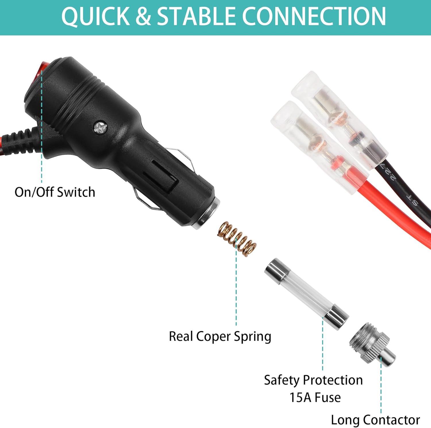 GELRHONR Enchufe macho de repuesto para encendedor de cigarrillos de 12 voltios con cables y luz LED, cable de extensión de encendedor de