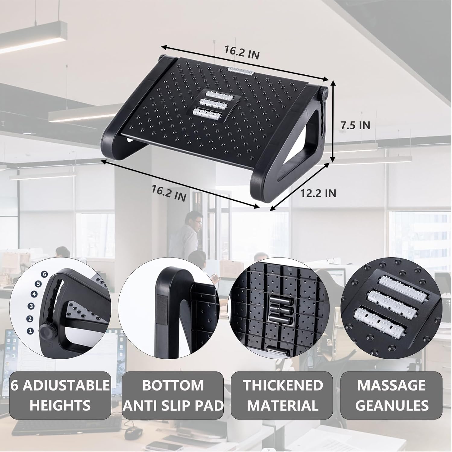 DISFAT Reposapiés para debajo del escritorio, reposapiés ergonómico ajustable de 6 alturas con rodillos de masaje, taburete portátil debajo del
