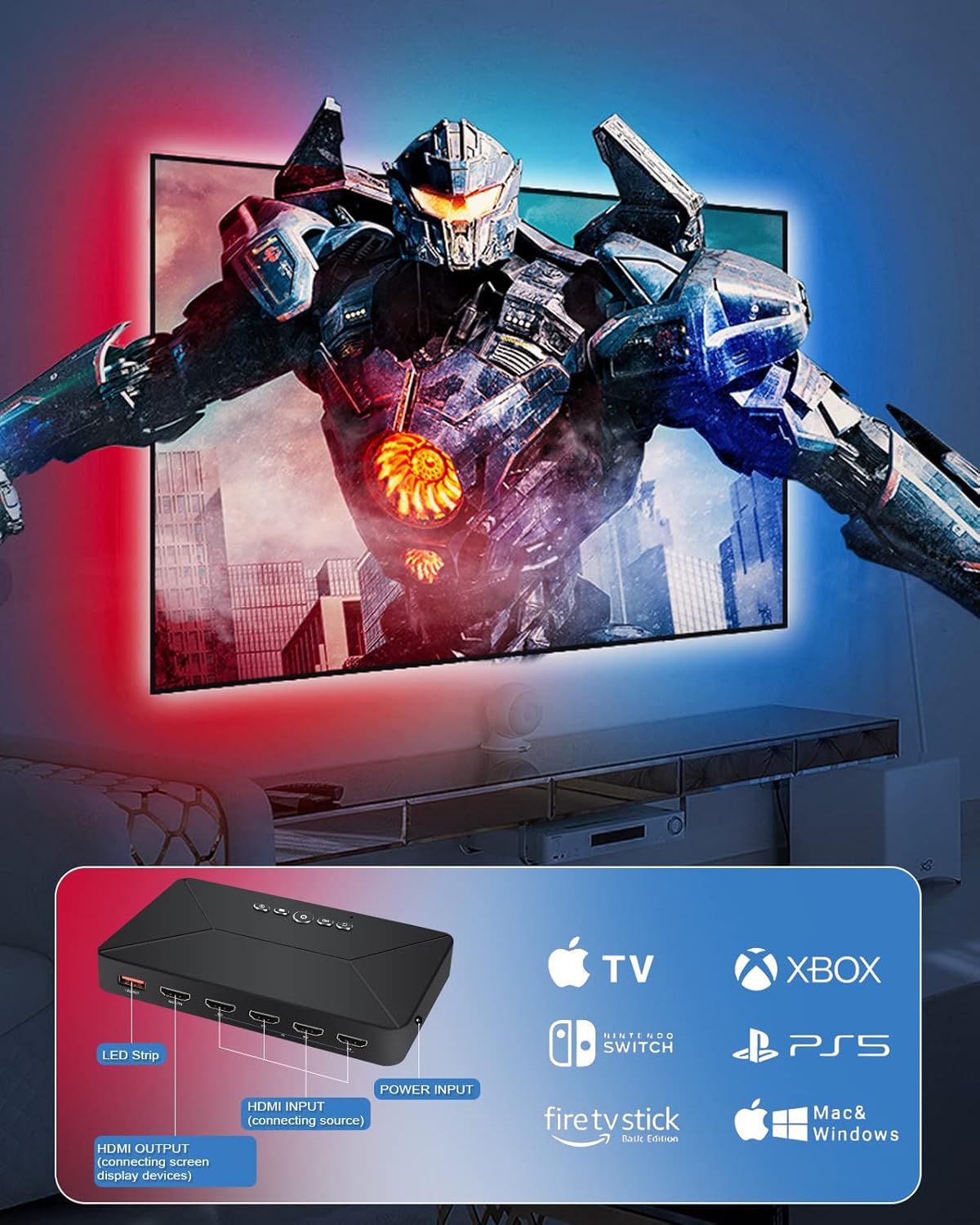 TOLOYE Retroiluminación LED para TV con caja de sincronización HDMI, retroiluminación de TV RGBIC para televisores de 55 a 70 pulgadas, PC, TV de