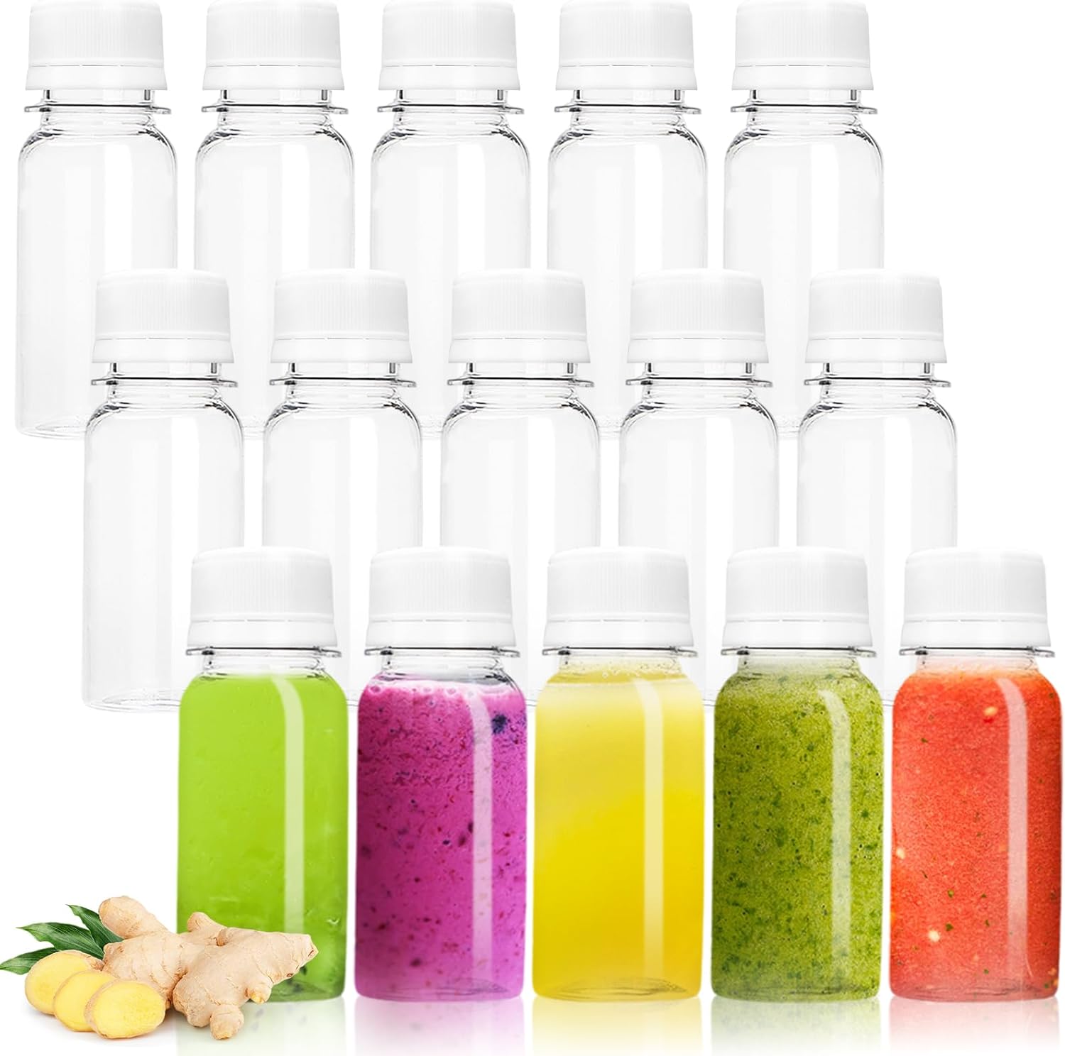 30 botellas de plástico pequeñas de 2 onzas para líquidos, chupito de jengibre con tapas, botellas vacías para licor, jugo, bodas, fiestas, bricolaje