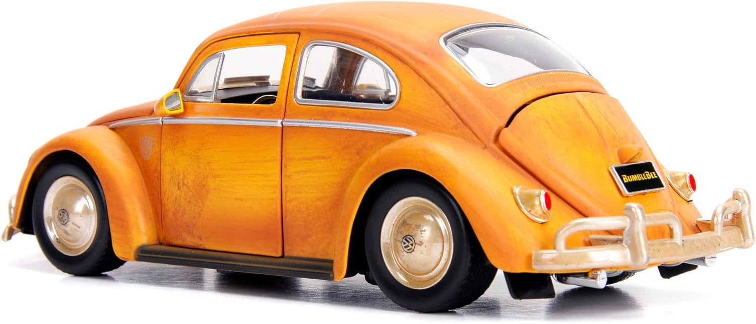 Jada Toys 253115000 Transformers Bumblebee VW Beetle Coche de juguete de fundido, puertas abiertas, bota y capó, figura de Charlie, escala 124,
