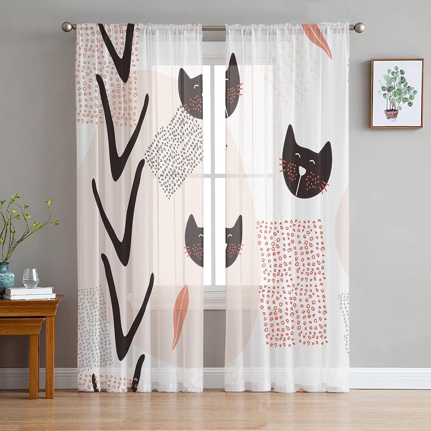 Sheer Curtains 96 Inch Long Modern Fashion Cat Rod Pocket Voile Semi-Sheer Window Treatment Drapes for Living Room Window Sliding Door 2 Panels 52″