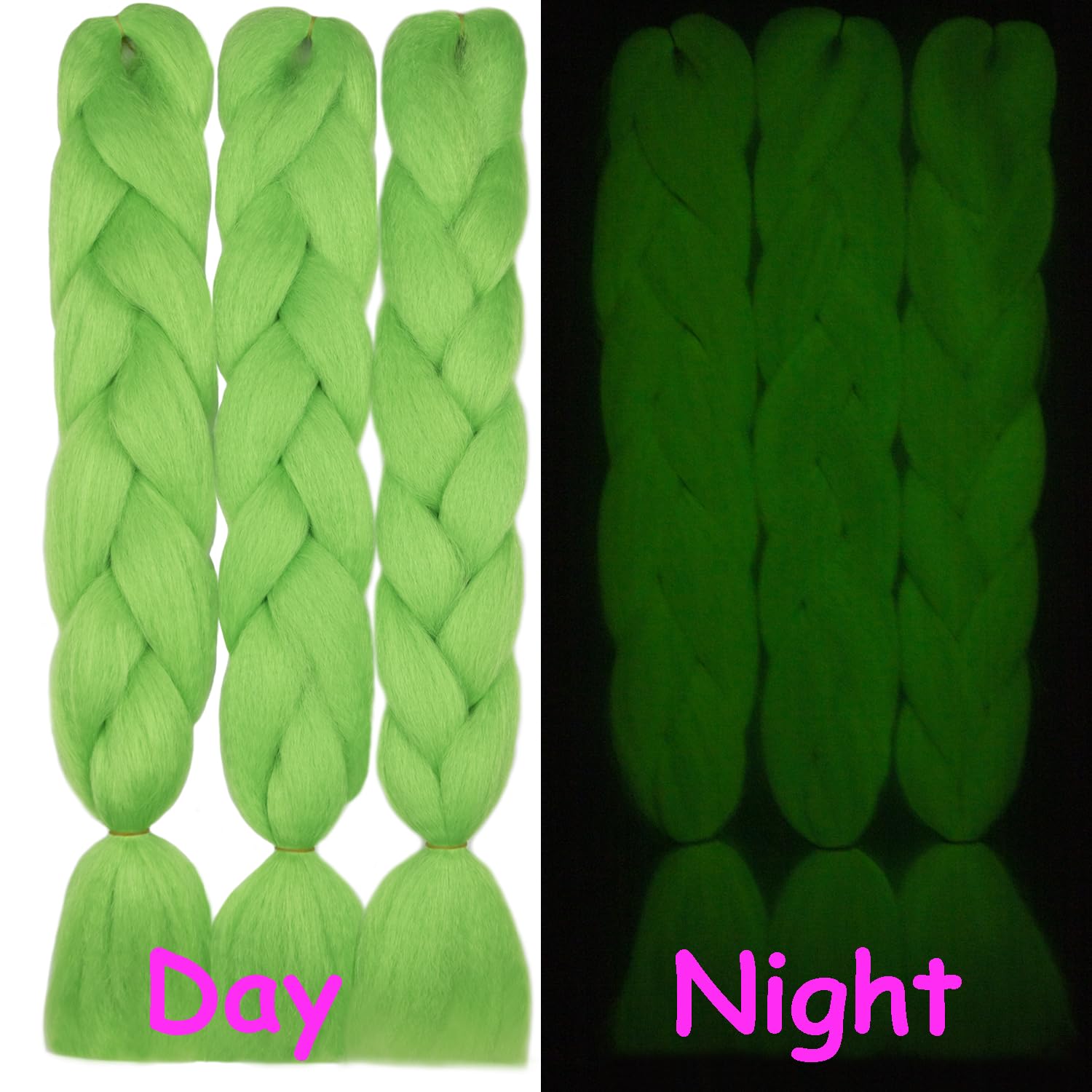 Extensiones de cabello trenzado Kanekalon verde lima que brilla en la oscuridad, 24 pulgadas, 3 piezas, sin nudos, jumbo, trenzas de caja, cabello