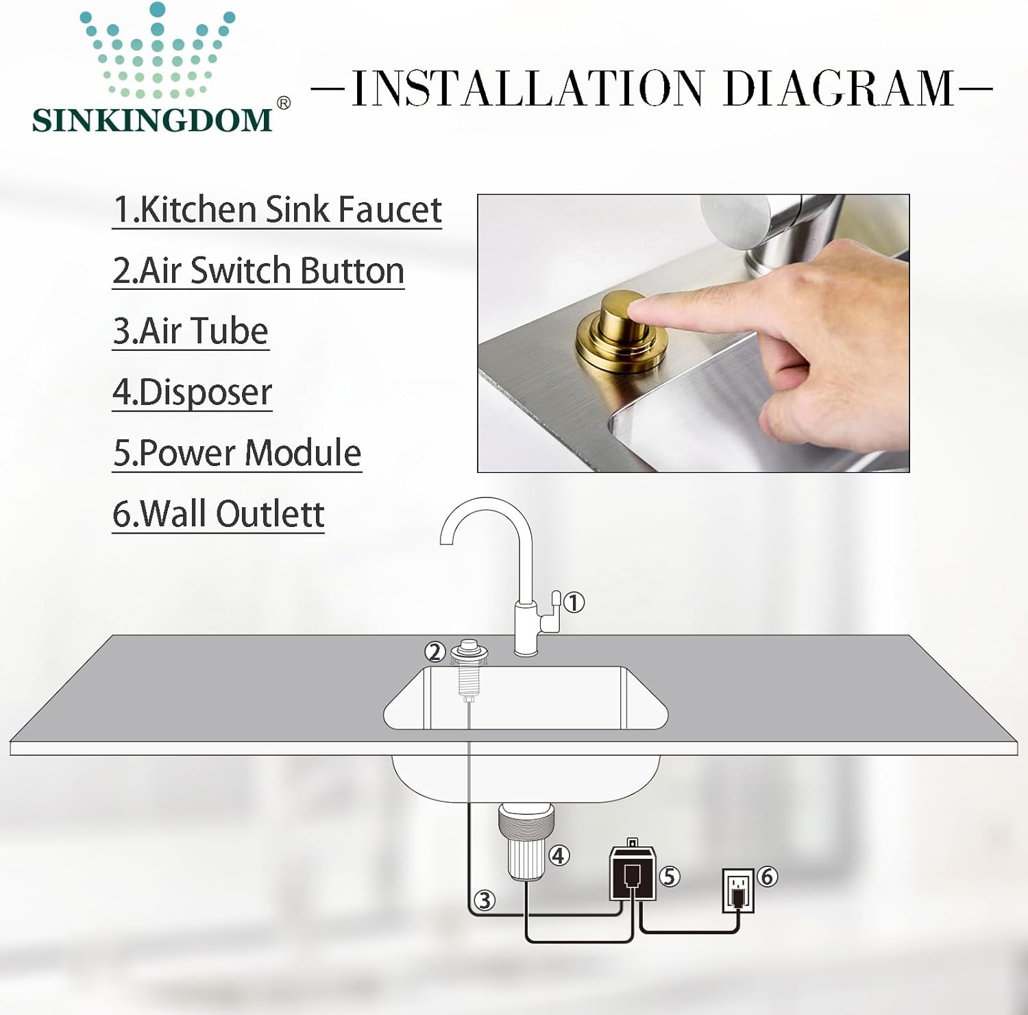 SINKINGDOM SinkTop – Kit de interruptor de aire con botón largo de bronce champán (latón completo) para eliminación de basura, salida única
