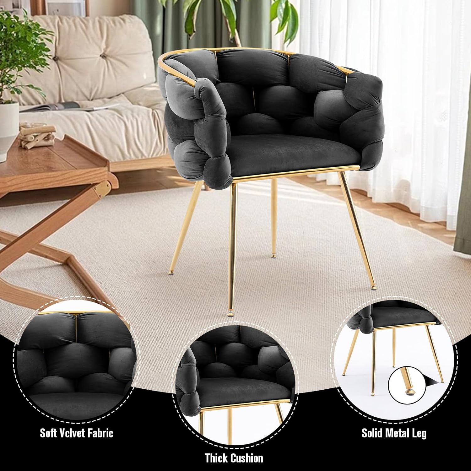 Sillas de comedor de terciopelo, sillas decorativas modernas con patas de metal dorado para comedor, cocina, tocador, sala de estar, juego de 2