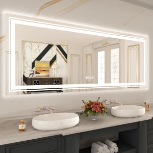 WTTY Espejo LED de 88 x 38 pulgadas para baño, regulable, grande, moderno, con retroiluminación y luz delantera, espejo de tocador de baño con luz WTTY Espejo LED de 88 x 38 pulgadas para baño, regulable, grande, moderno, con retroiluminación y luz delantera, espejo de tocador de baño con luz