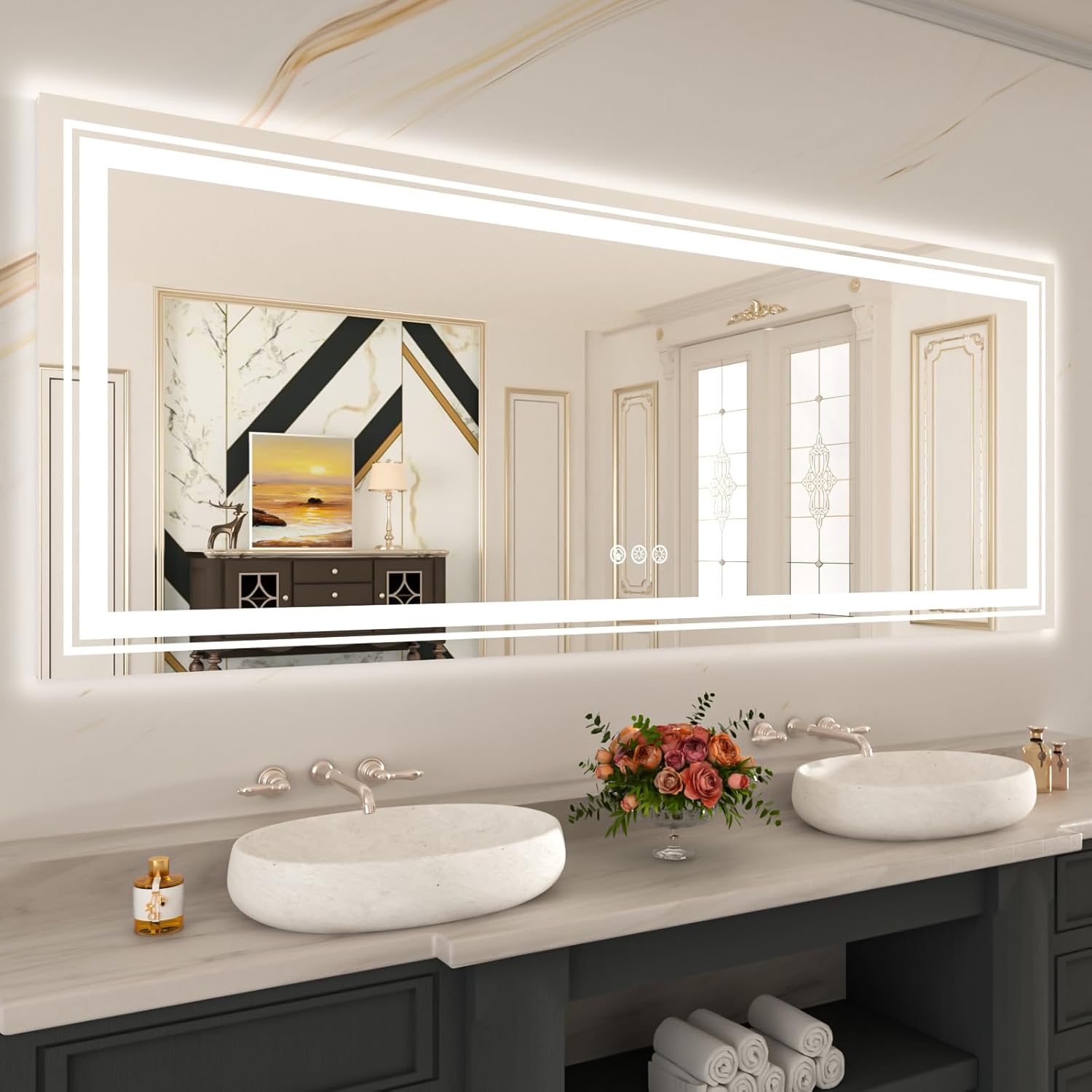 WTTY Espejo LED de 88 x 38 pulgadas para baño, regulable, grande, moderno, con retroiluminación y luz delantera, espejo de tocador de baño con luz