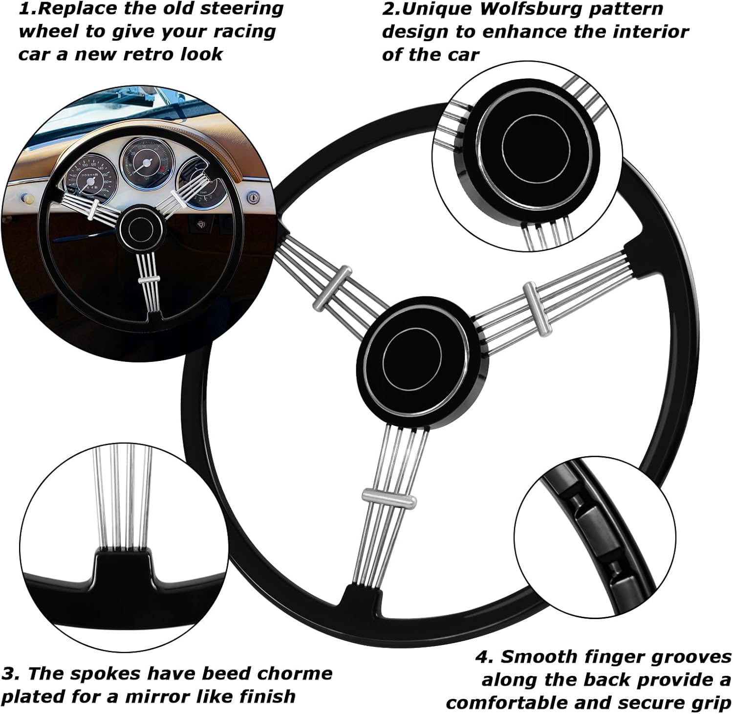 Volante de 15-12 pulgadas, estilo retro clásico con diseño de banjo negro, compatible con Porsche 356 Speedster (barniz de horneado – negro)