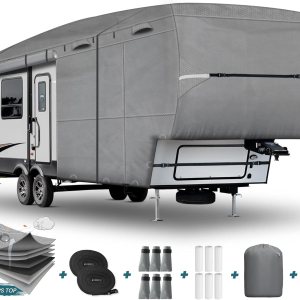 Funda para autocaravana de 5 rueda de 26 a 29 pies, cubierta de cámper, resistente al agua con 2 correas extra resistentes al viento Funda para autocaravana de 5 rueda de 26 a 29 pies, cubierta de cámper, resistente al agua con 2 correas extra resistentes al viento