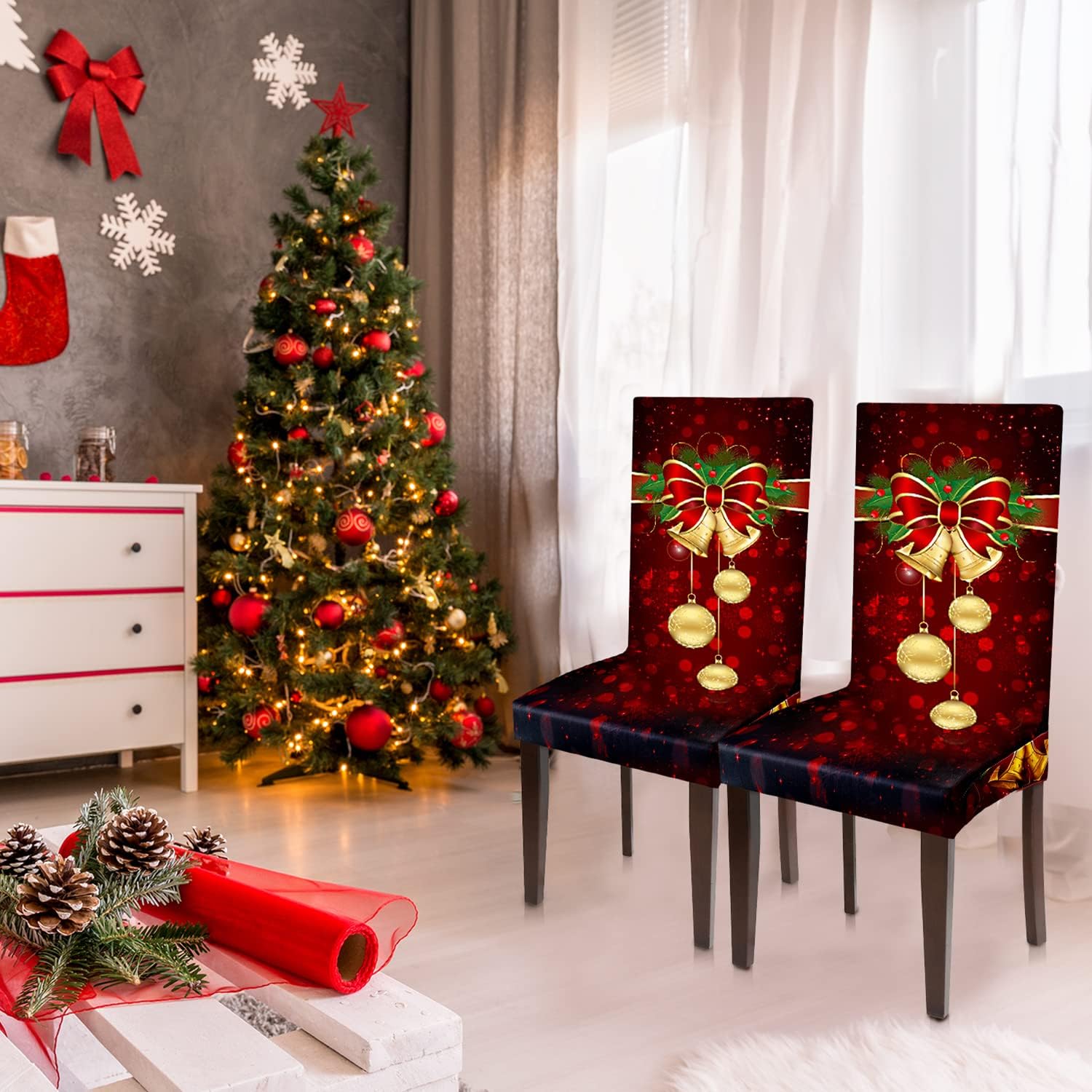 Moukeren Fundas protectoras para sillas de Navidad, elásticas, extraíbles y lavables, para el hogar, hotel, comedor, banquete, boda, fiesta (rojo, 4