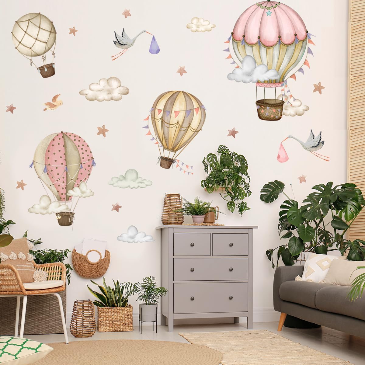 Globos de aire caliente extraíbles, calcomanías de pared, globos de acuarela, pájaros, estrellas, calcomanías de pared, pintura a mano, globos de