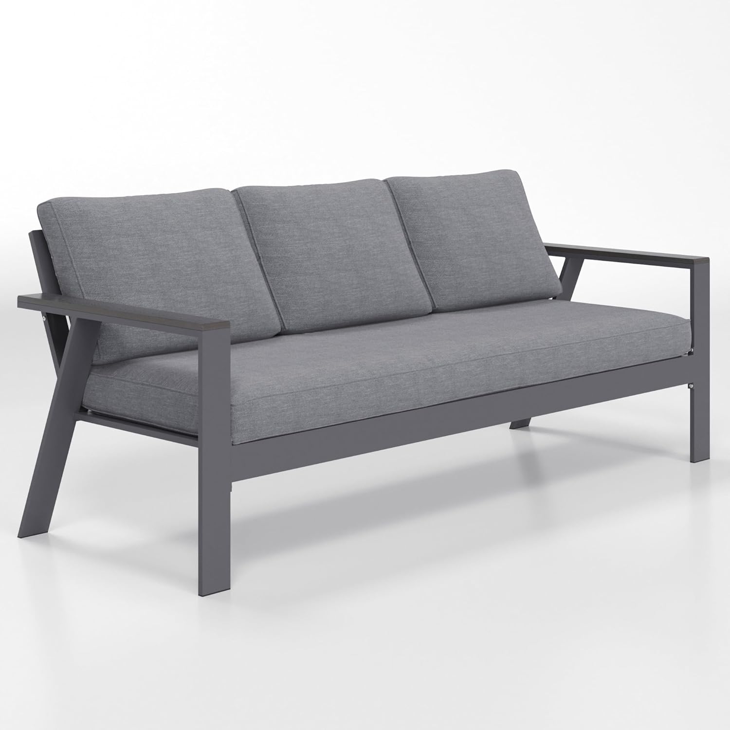 Solaste Sofá de aluminio para exteriores, muebles de patio, sofá de 3 asientos con reposabrazos de madera y respaldo en ángulo, sofá de metal para