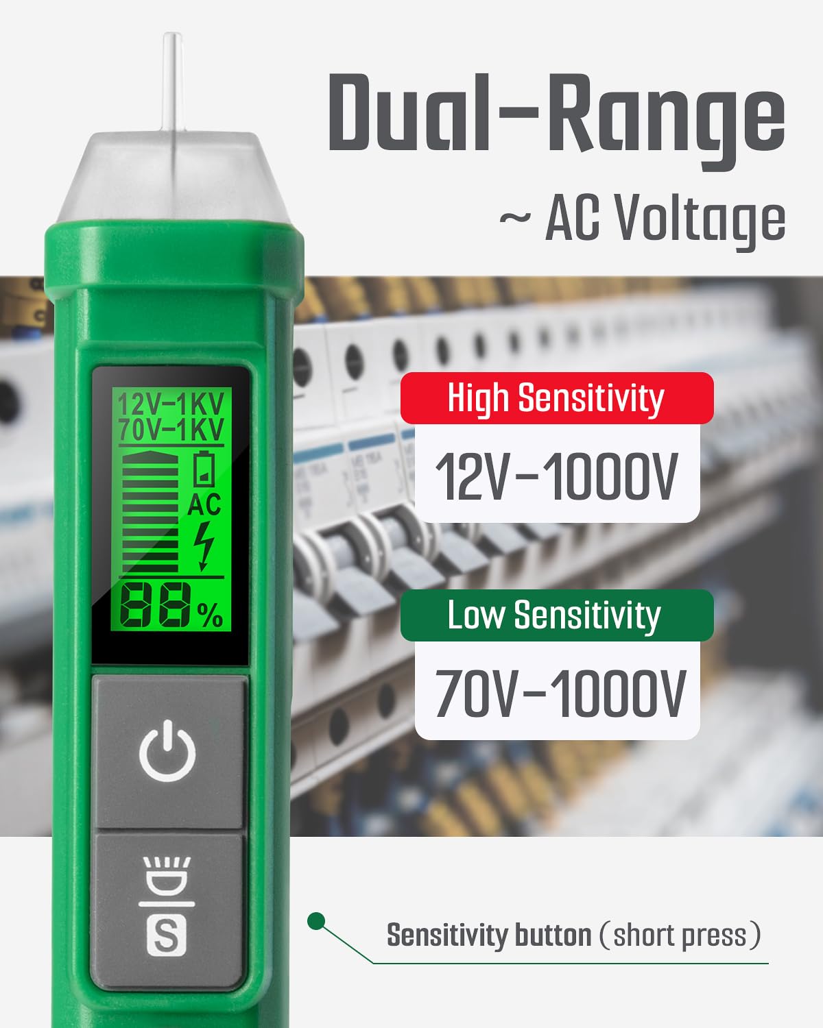 Probador de voltaje, probador de voltaje sin contacto TESMEN TN-213, probador eléctrico, CA 12 V70 V-1000 V, rango doble, pantalla LCD en