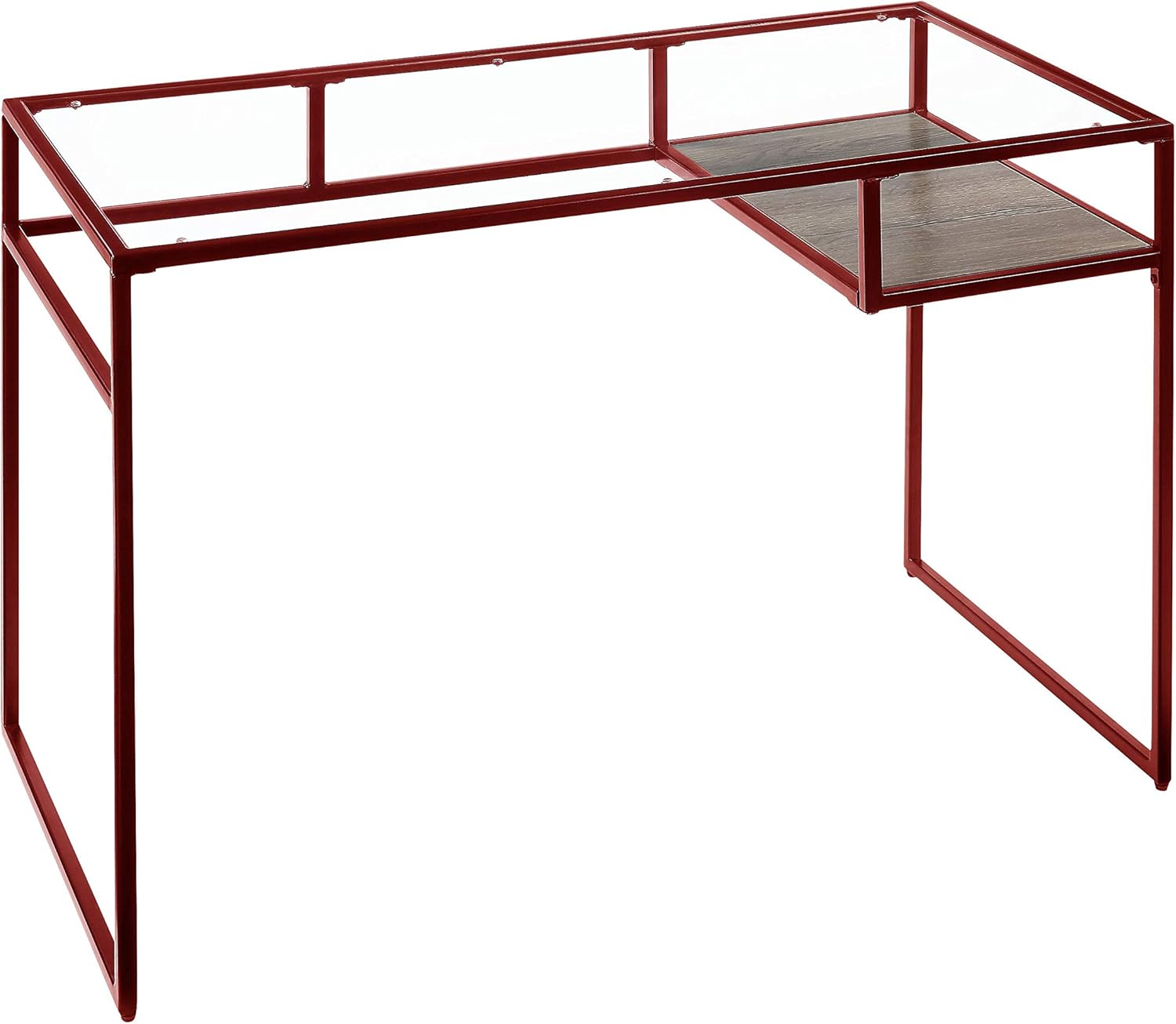 Escritorio rectangular industrial con compartimento abierto, parte superior de vidrio y base de trineo de metal, capacidad de peso de 50 libras, 48
