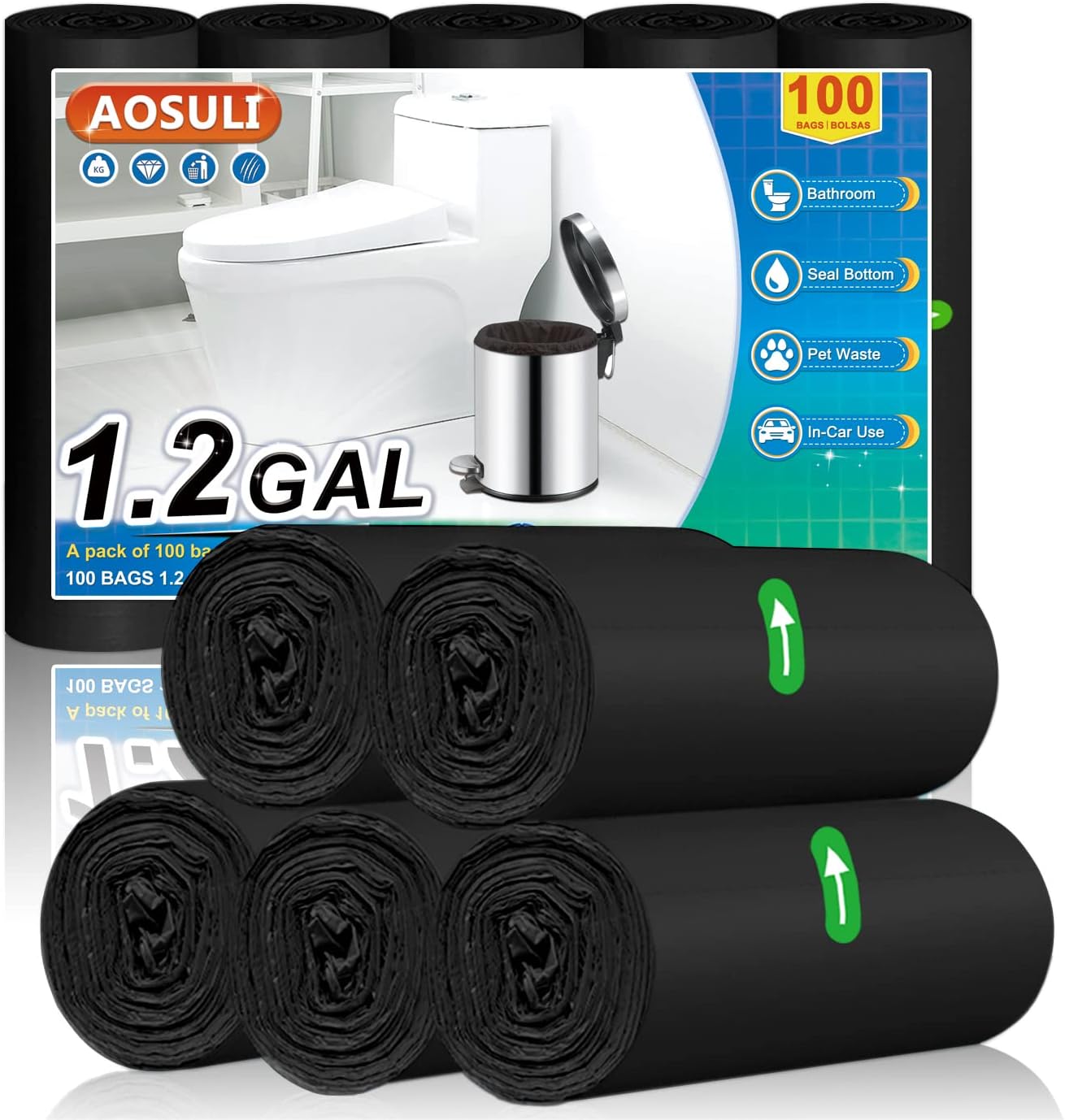 Bolsas de basura pequeñas de 5 litros, 100 unidades, color blanco, transparente, de 3 a 5 litros, para oficina, cubo de pedal de baño, cubo de