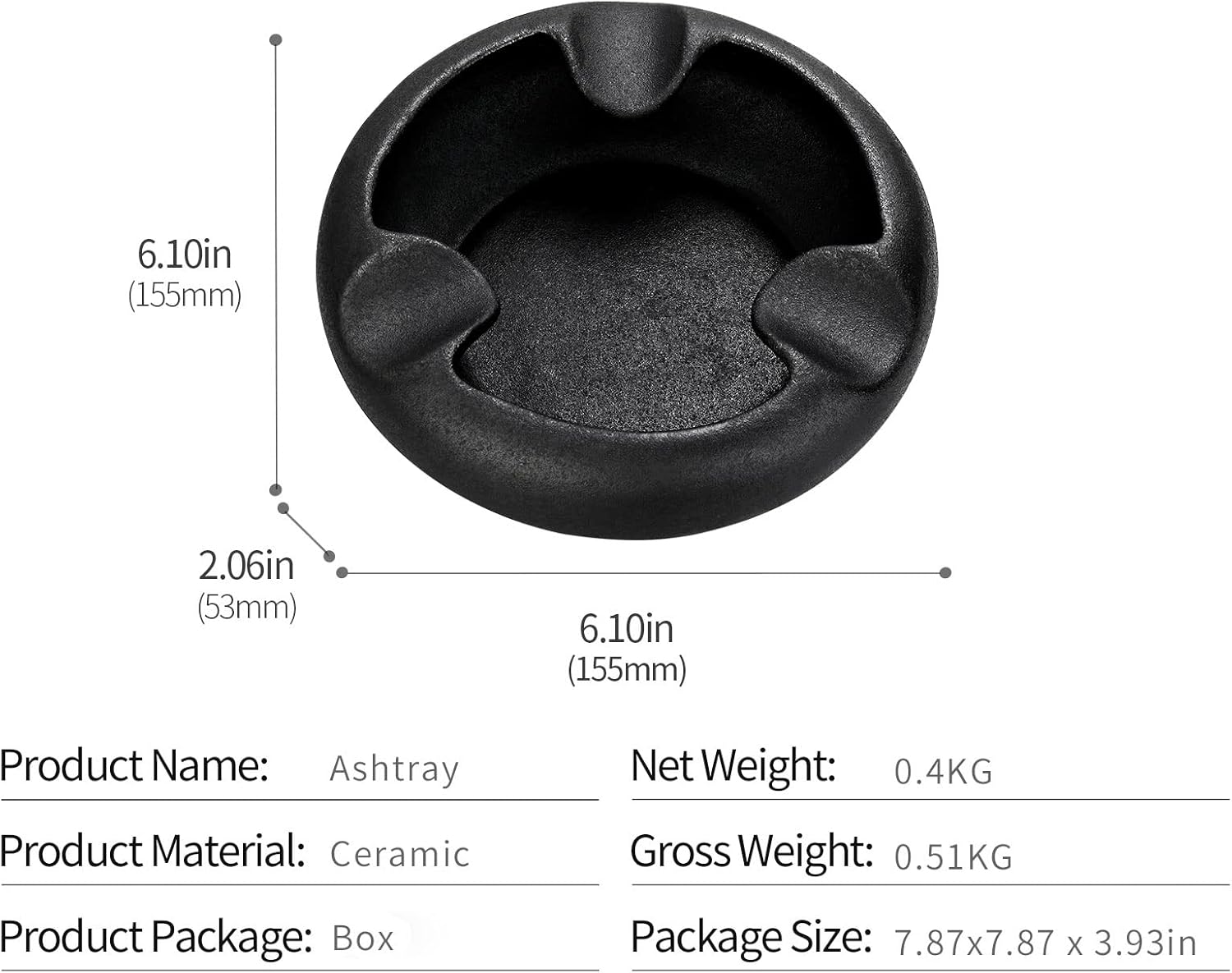 Ceniceros de cigarros de cerámica para exteriores e interiores con 3 soportes para puros para hombres de lujo (negro escarchado)