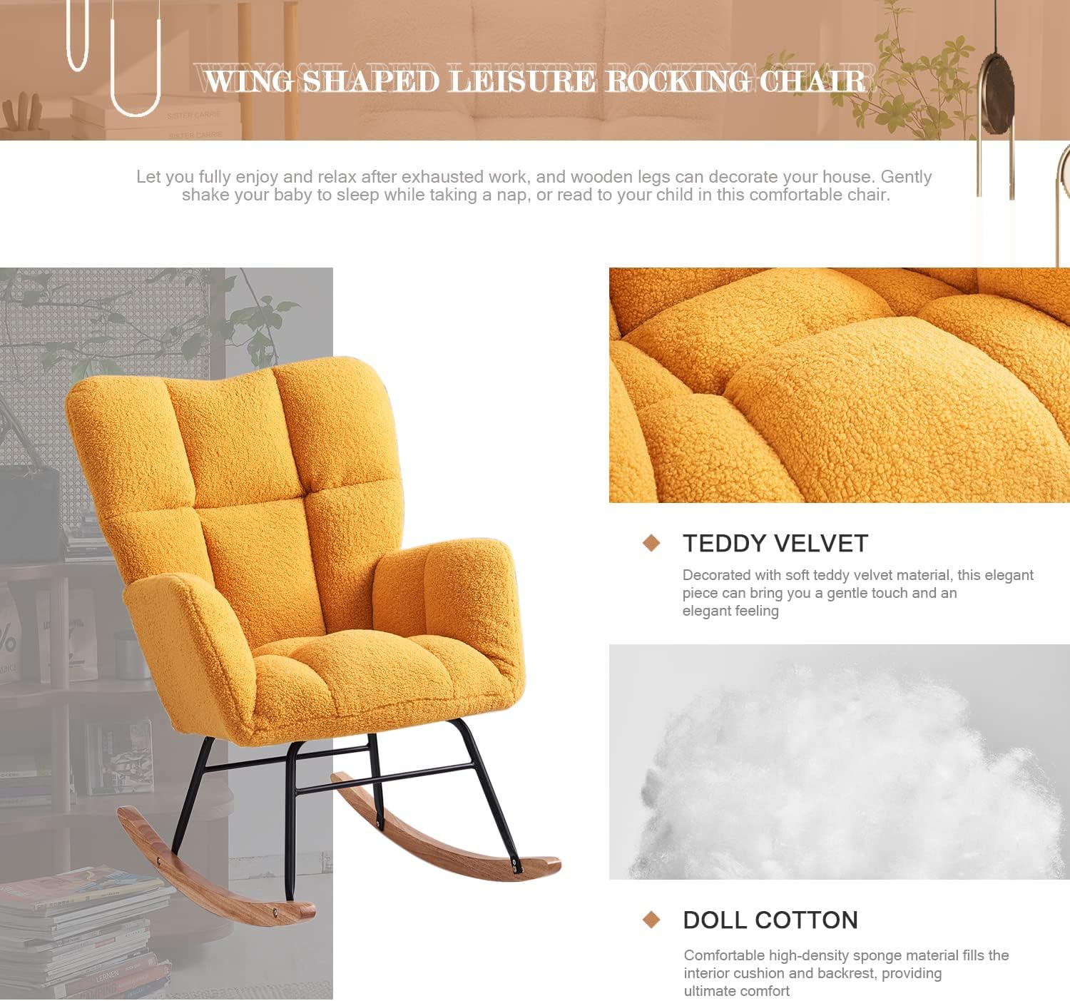 Ugijei Mecedora para guardería, mecedora tapizada de peluche con respaldo alto, moderna silla mecedora para guardería, sala de estar, dormitorio