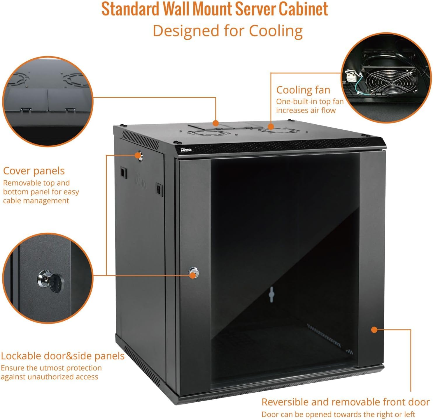 Gabinete de servidor de montaje en pared Gabinete de rack de red de TI con cerradura Puerta y paneles laterales negro (negro, puerta estándar de