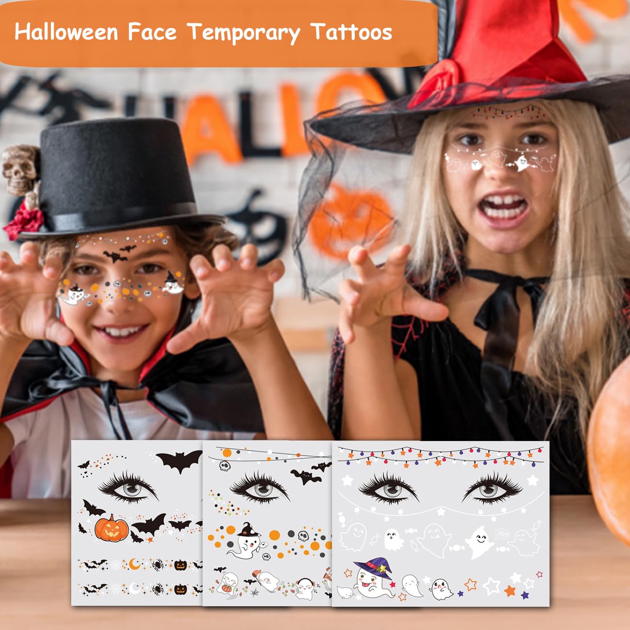 CHARLENT Tatuajes temporales de Halloween para niños, tatuajes faciales de Halloween para niños y niñas, suministros de fiesta de Halloween, bolsas