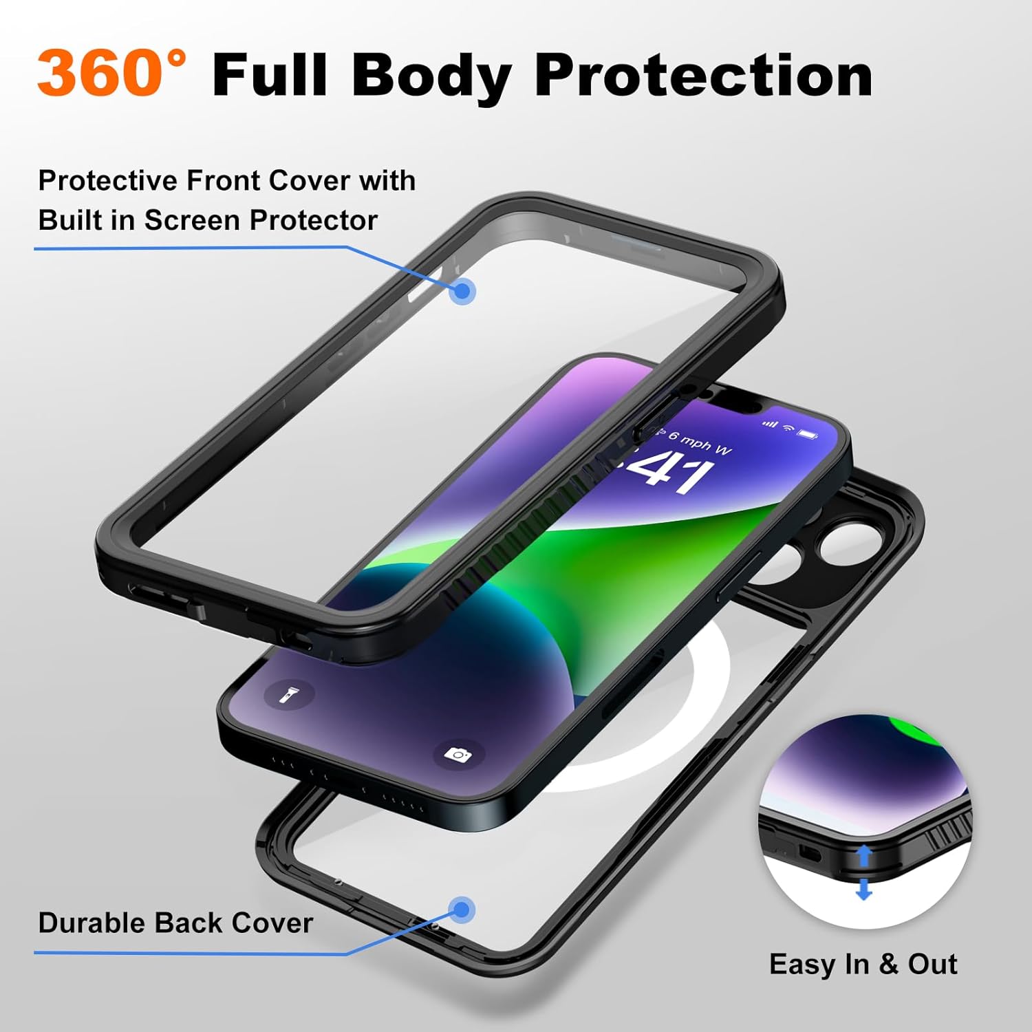 Beasyjoy Funda impermeable para iPhone 14, a prueba de golpes, a prueba de polvo 360, funda magnética de cuerpo completo con protector de pantalla