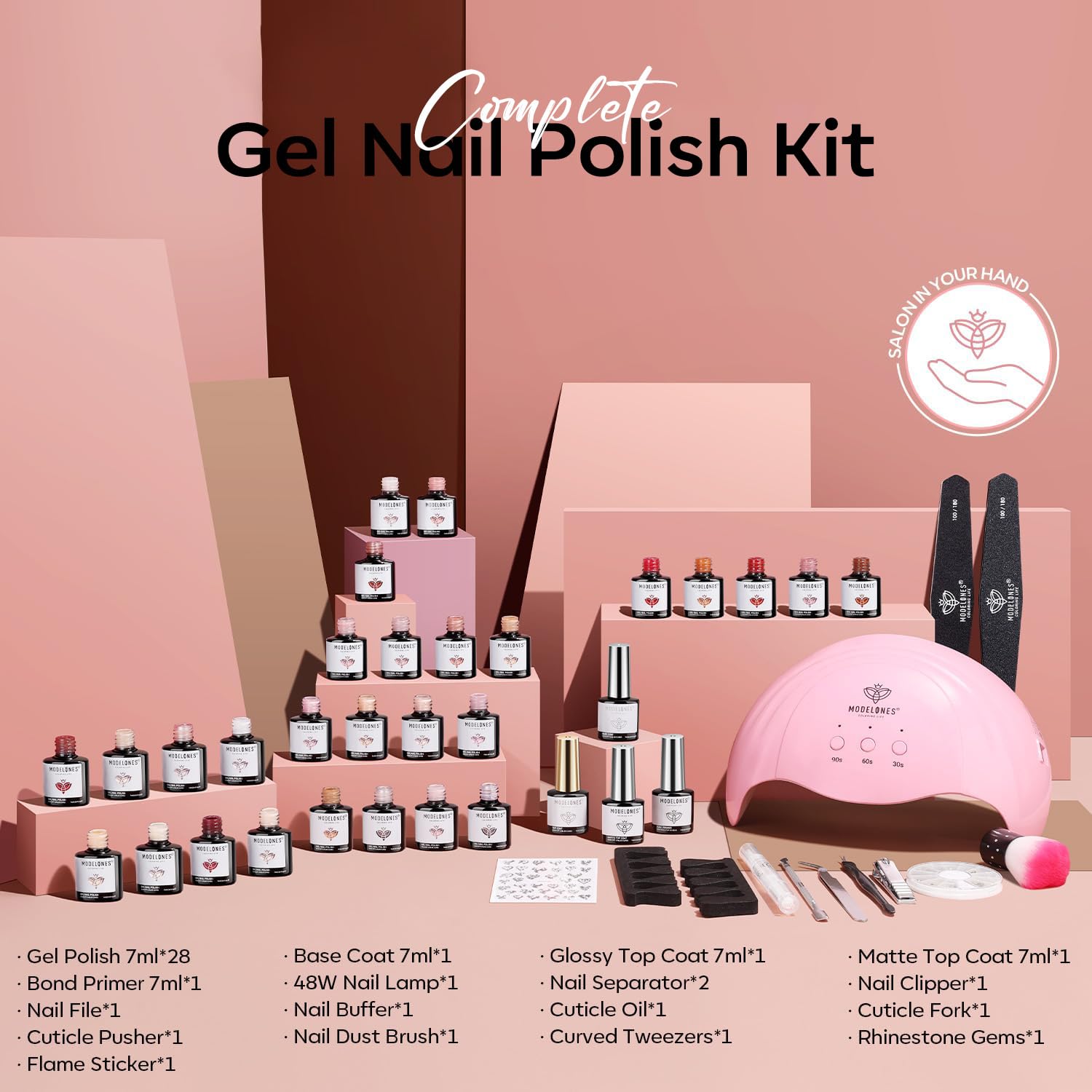 Modelones Kit de manicura de uñas de gel con lámpara de secado de uñas con luz UV, 28 colores nude, marrón, rosa, rojo, kit de iniciación de esmalte