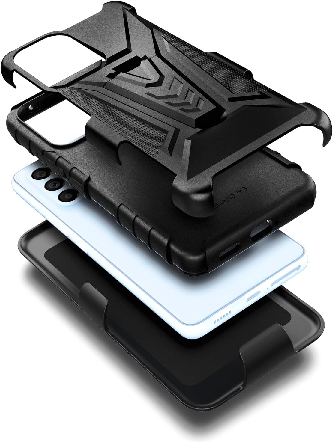 NZND Funda para Galaxy A53 5G con protector de pantalla de vidrio templado (cobertura máxima), funda de clip para cinturón con soporte integrado,