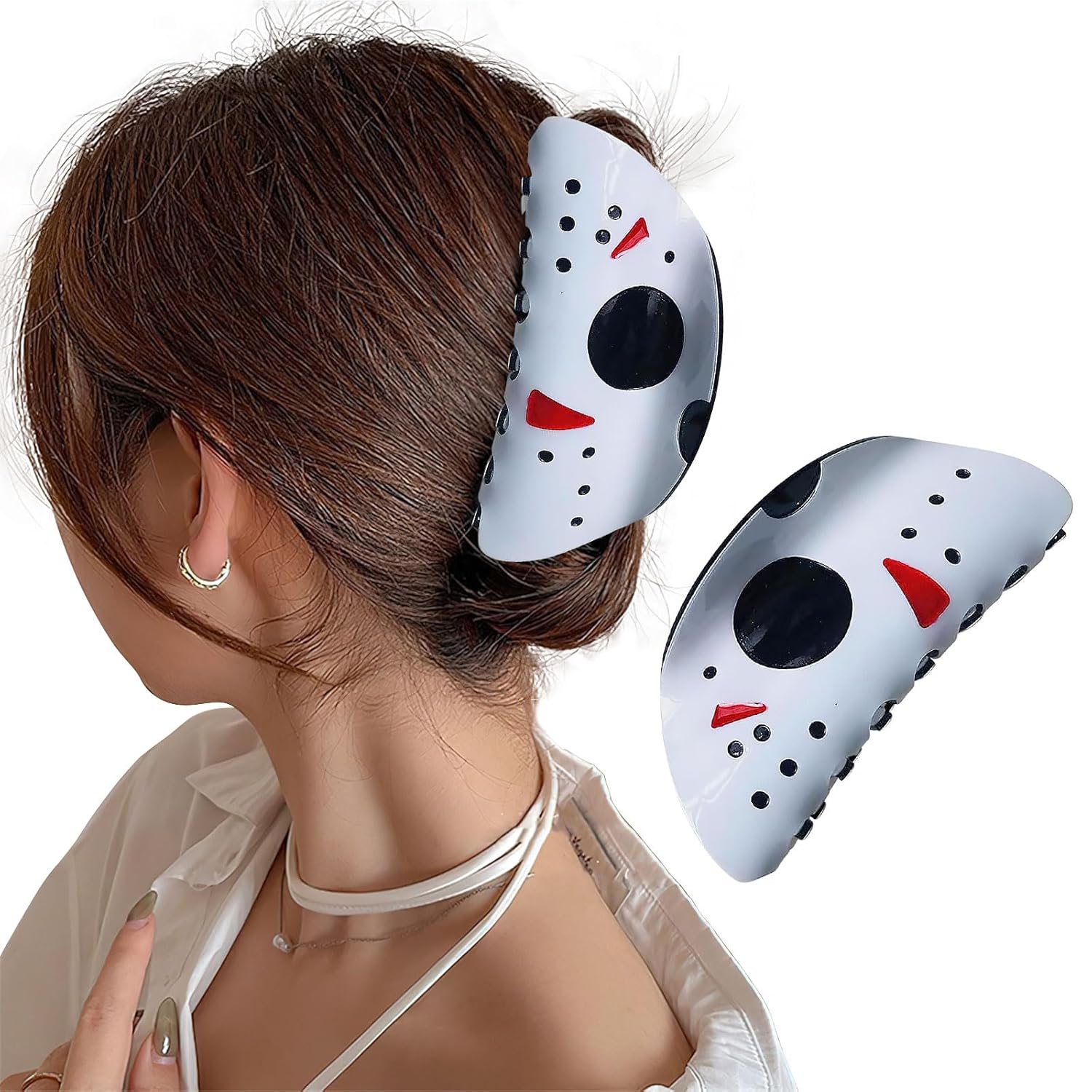 AUOCATTAIL Pinzas para el cabello de Halloween con cara de fantasma, pinzas de pelo espeluznantes para peinar máscara grande, clip de tiburón