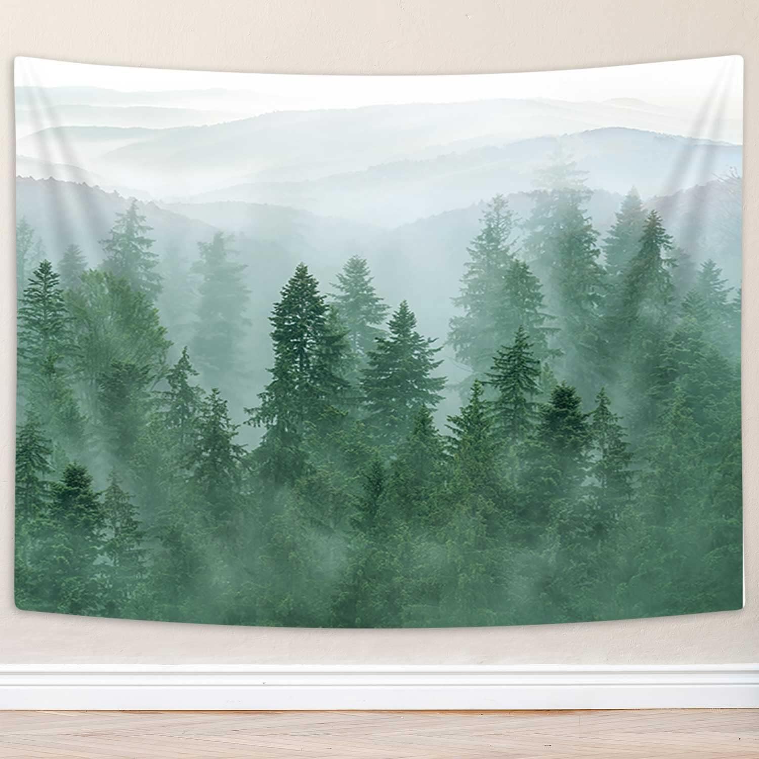 Boziqr Tapiz de bosque verde con árbol brumoso de montaña, tapiz de pared para sala de estar, dormitorio, 60 x 40 pulgadas