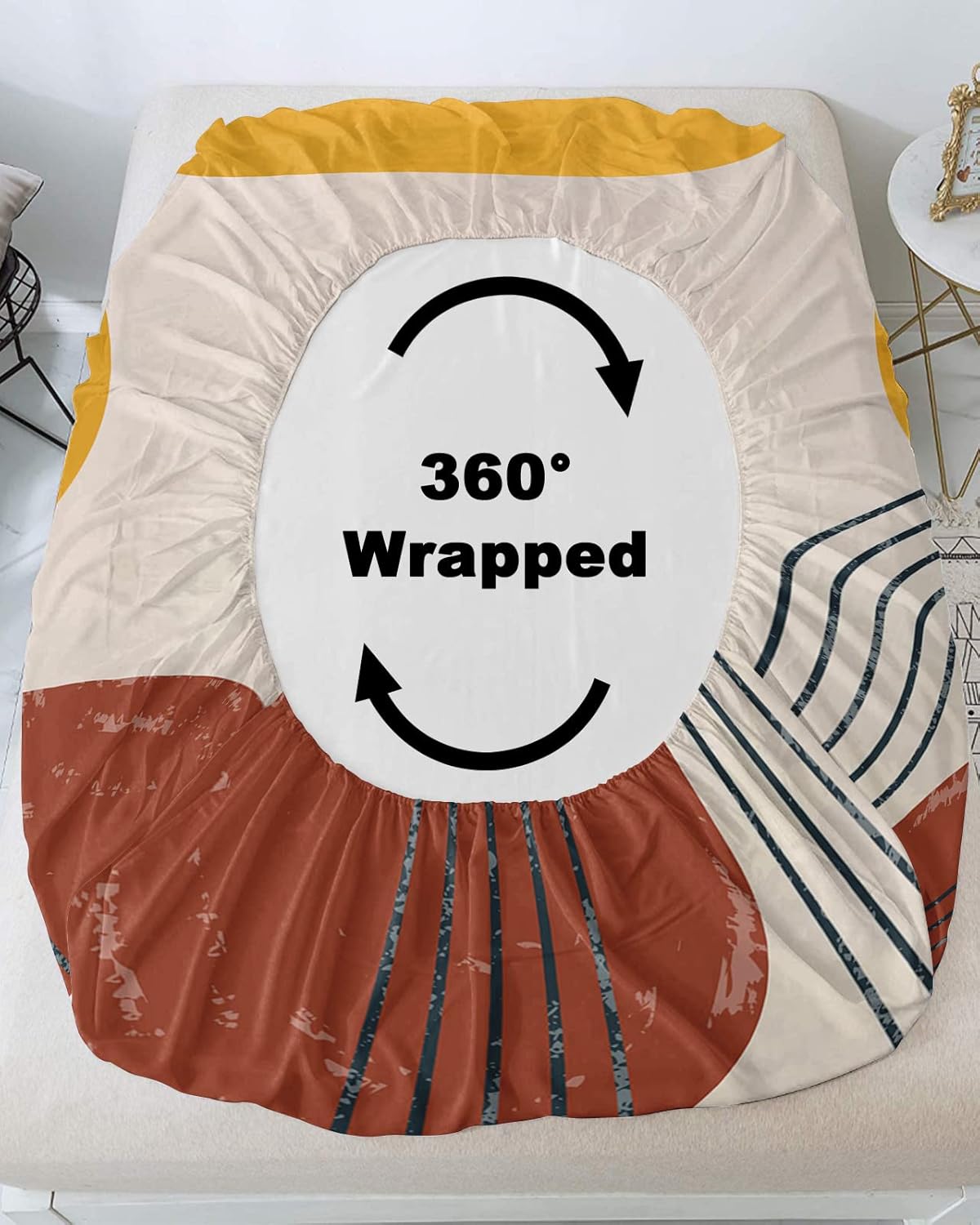 Juego de sábanas bajeras para cama de tamaño Queen, sábanas de mediados de siglo, 3 piezas, color terracota, con líneas curvas, arco solar, bolsillo