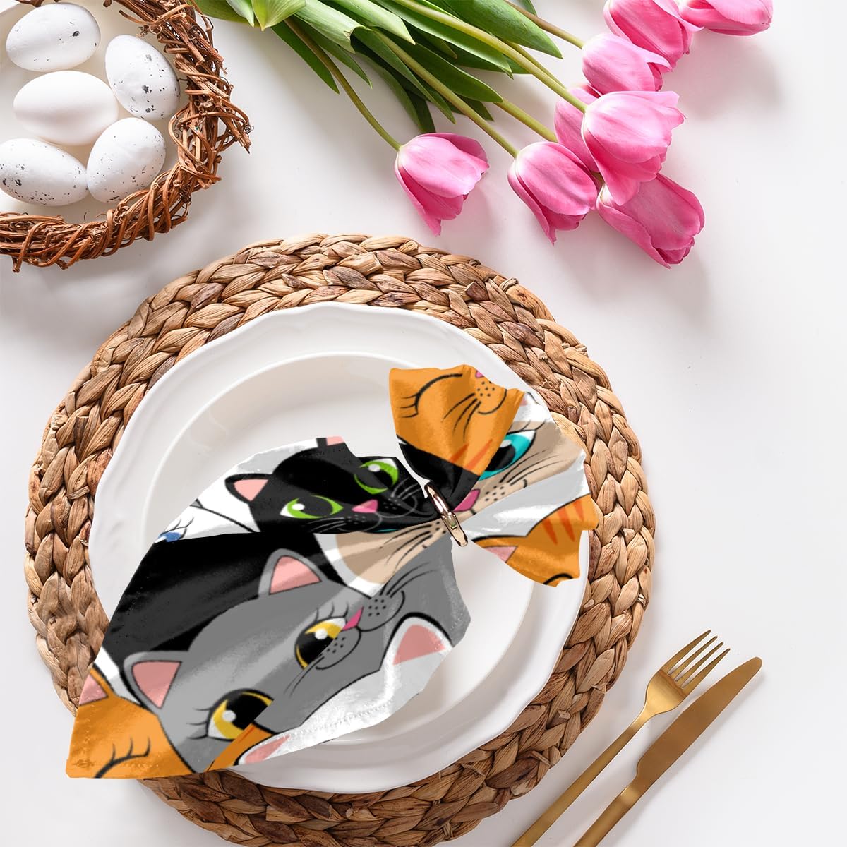 Cloth Napkins Set of 6 Cat 20×20 Inch Cloth Napkins Cute Cat Washable Reusable Kitchen Dinner Napkins Table Decor for Wedding, Holiday Party, Home,