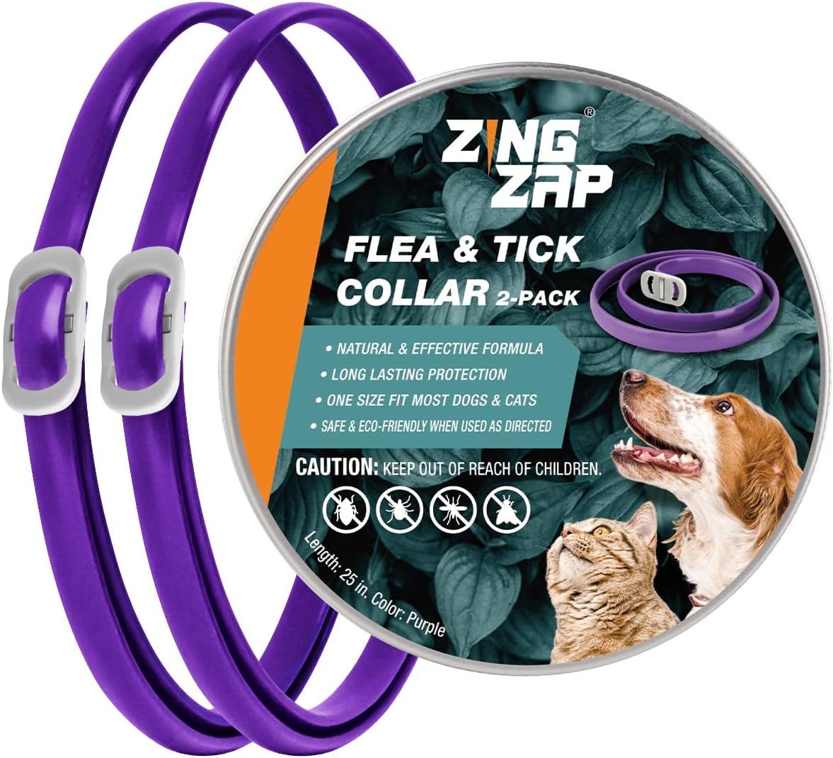 ZingZap Collar antipulgas y garrapatas paquete de 2 unidades, color morado, protege de insectos que pican, ajustable para perros y gatos, fórmula