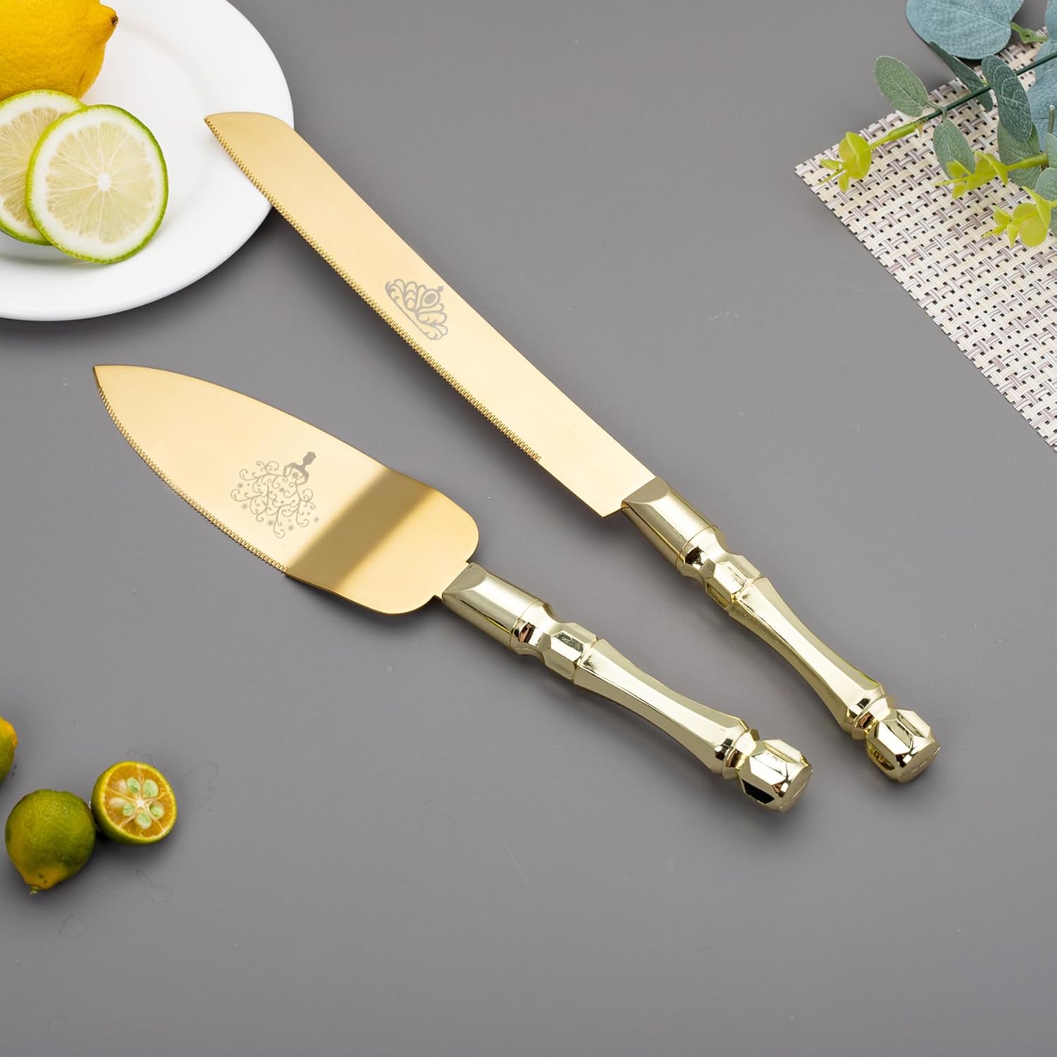 Juego de cuchillos y servidores para tartas de boda, elegantes asas de plástico doradas, juego de corte de pasteles para bodas, cumpleaños,