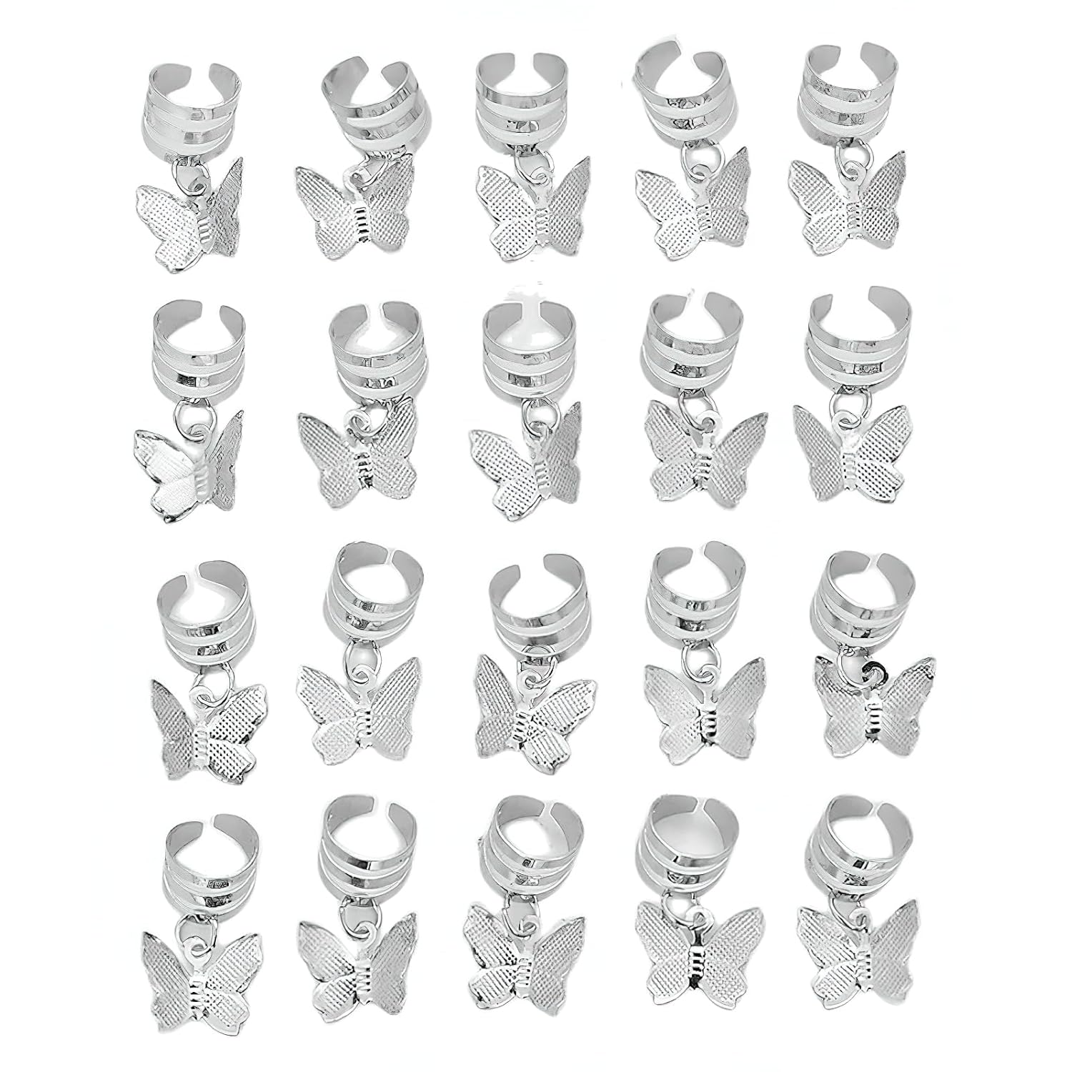 20 piezas de pulseras de mariposa plateadas para el cabello, cuentas de rasta, colgantes de metal ajustables, clips de trenzas, accesorios para el