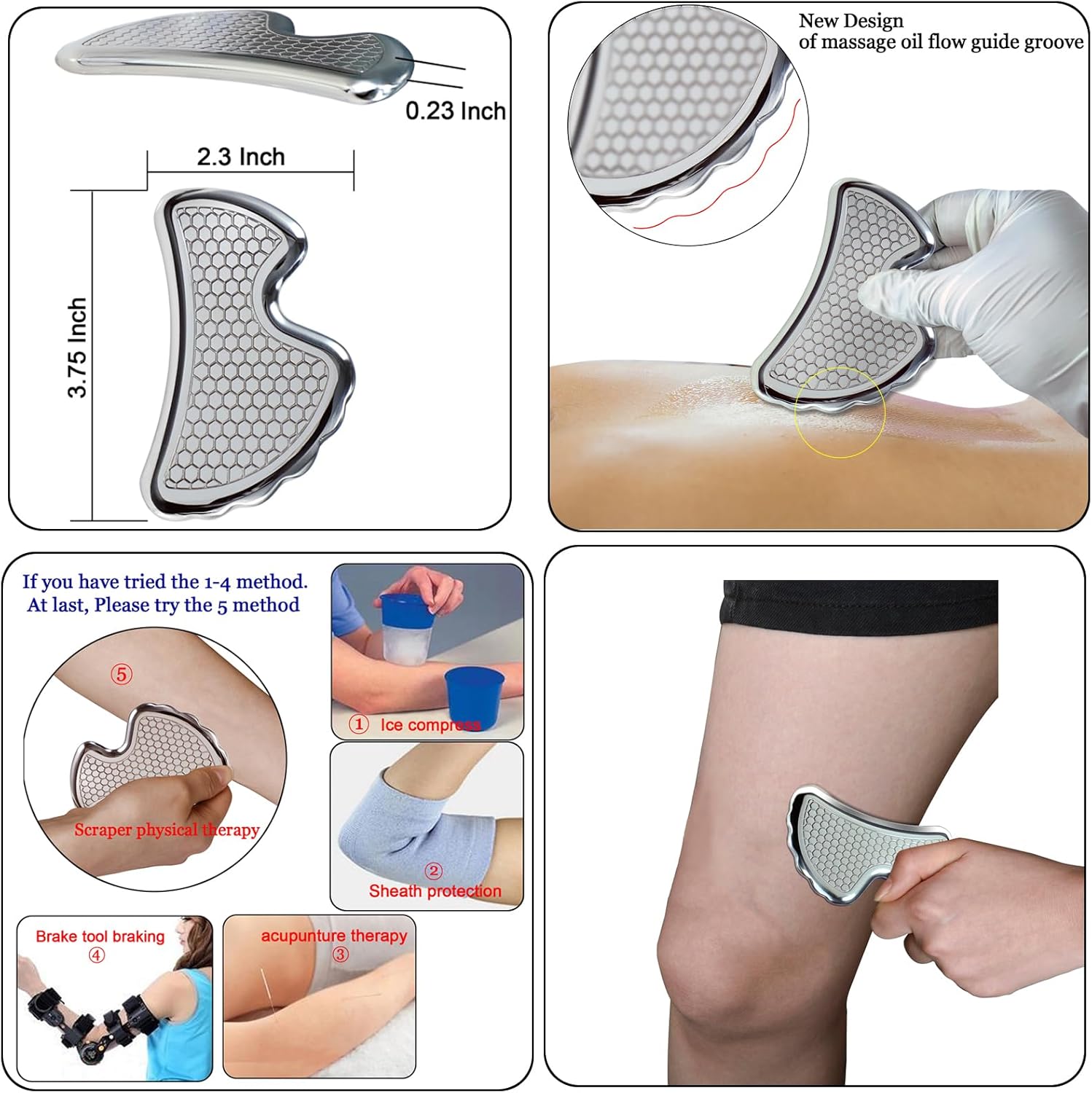 Juego de herramientas de raspador muscular Gua Sha de acero inoxidable 6 en 1, herramienta de masaje de raspado, herramienta raspadora de masaje