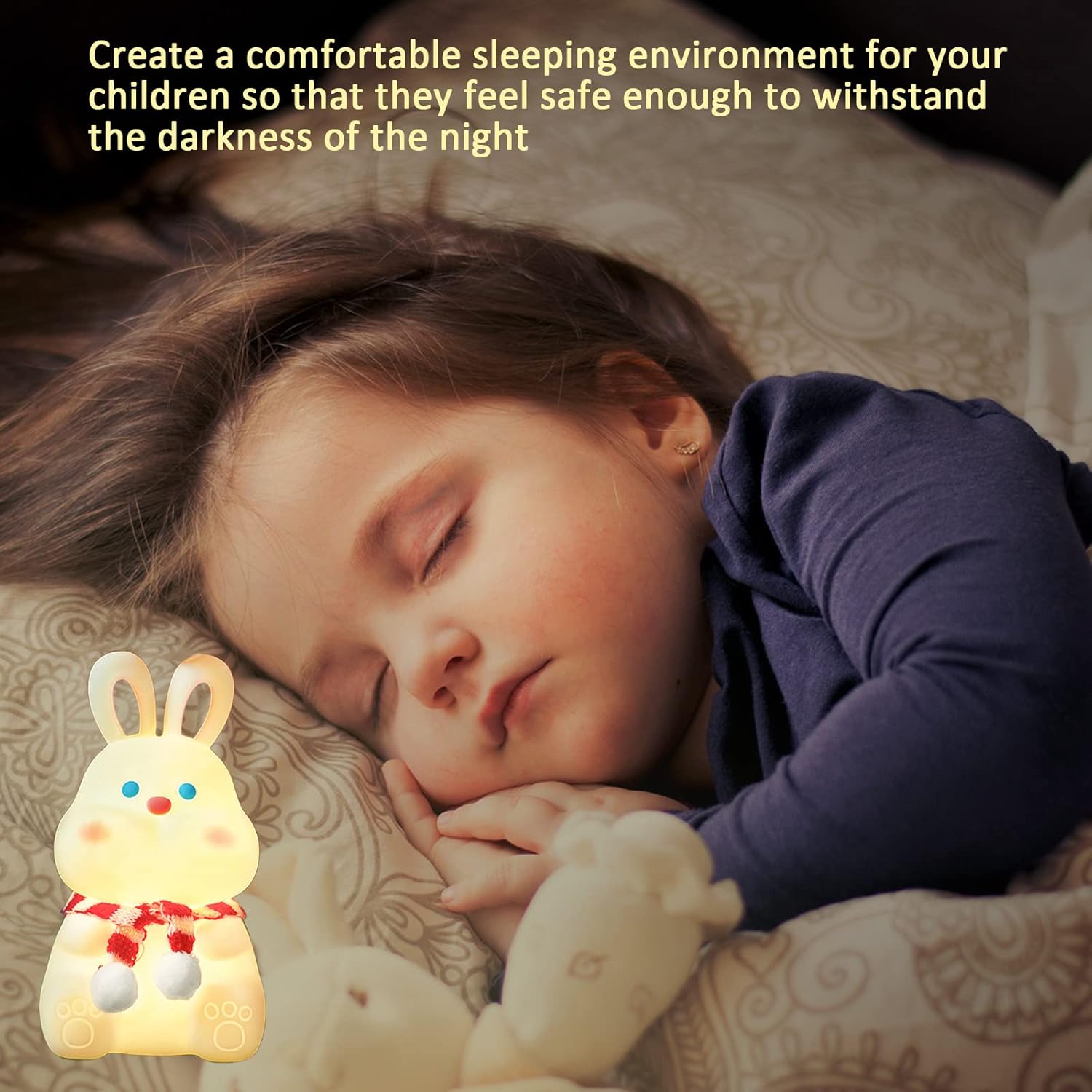 Dudu Bunny – Luz nocturna de silicona suave, portátil, de seguridad, recargable por USB, lámpara de 7 colores para niños y adultos, regalos de