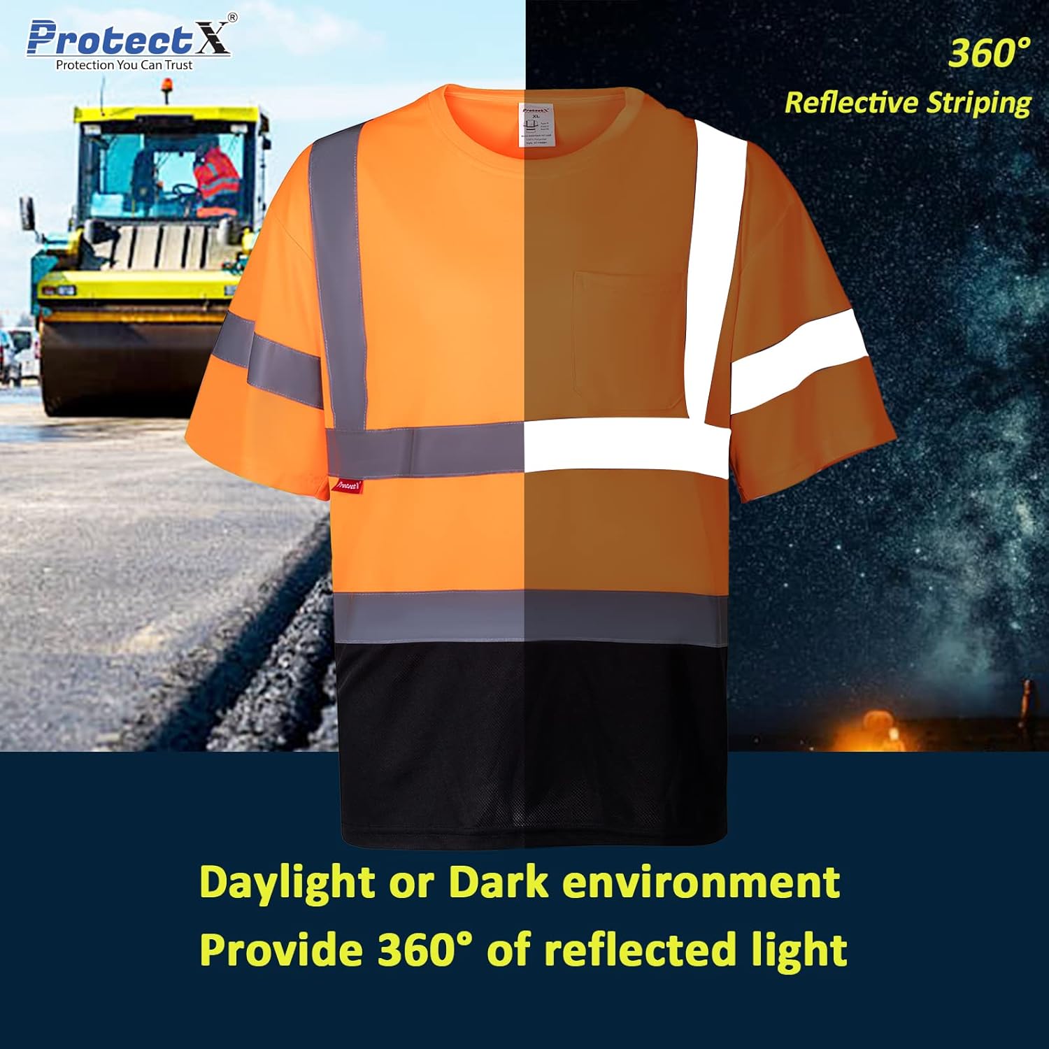 ProtectX Camiseta de seguridad reflectante de manga corta de alta visibilidad, camisas de alta visibilidad transpirables resistentes para hombre,