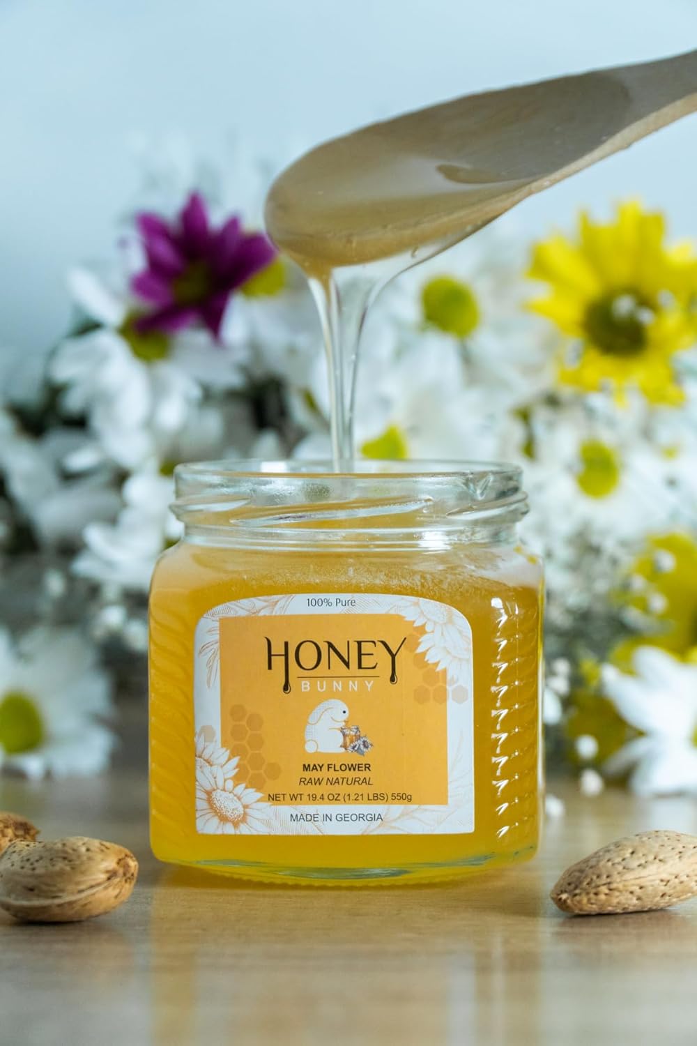 Honey Bunny May Flower Raw Natural, buena fuente de antioxidantes, edulcorante alternativo, producto de Georgia, 19.4 onzas, paquete de 2