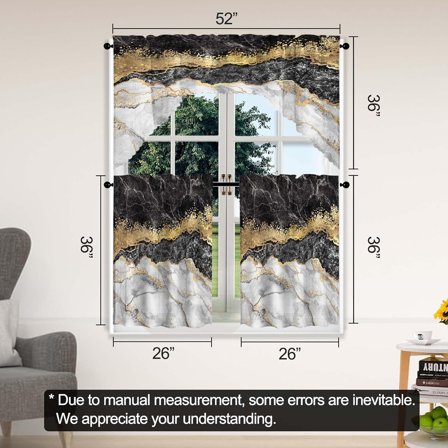Juego de 3 cortinas de ventana con diseño de mármol negro, juego de cenefas de arte de mármol, cortina de bolsillo para barra de cocina, patrones