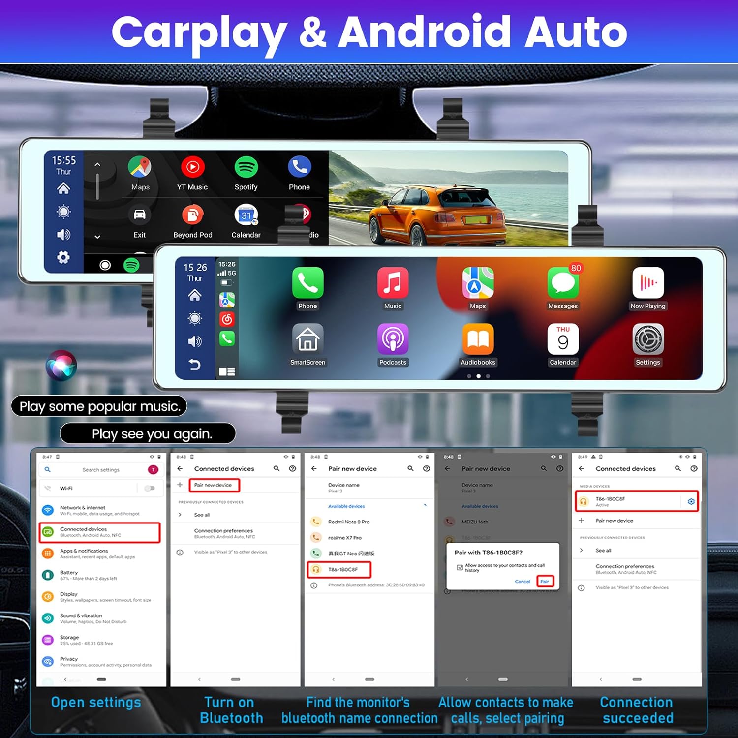 Cámara de espejo retrovisor de 11.26 pulgadas con Carplay y Android Auto – Espejo Dash Cam frontal y trasera – Transmisor FMBluetoothPantalla