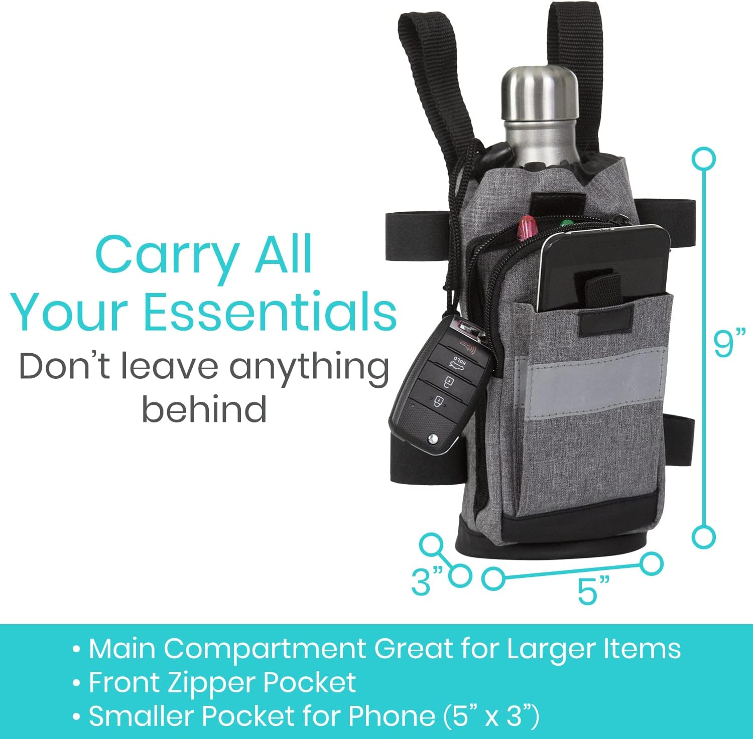 Vive Bolsa de accesorios para muletas y cojines de agarre de mano, bolsa premium resistente al agua para muletas, con soporte para bebidas, 3