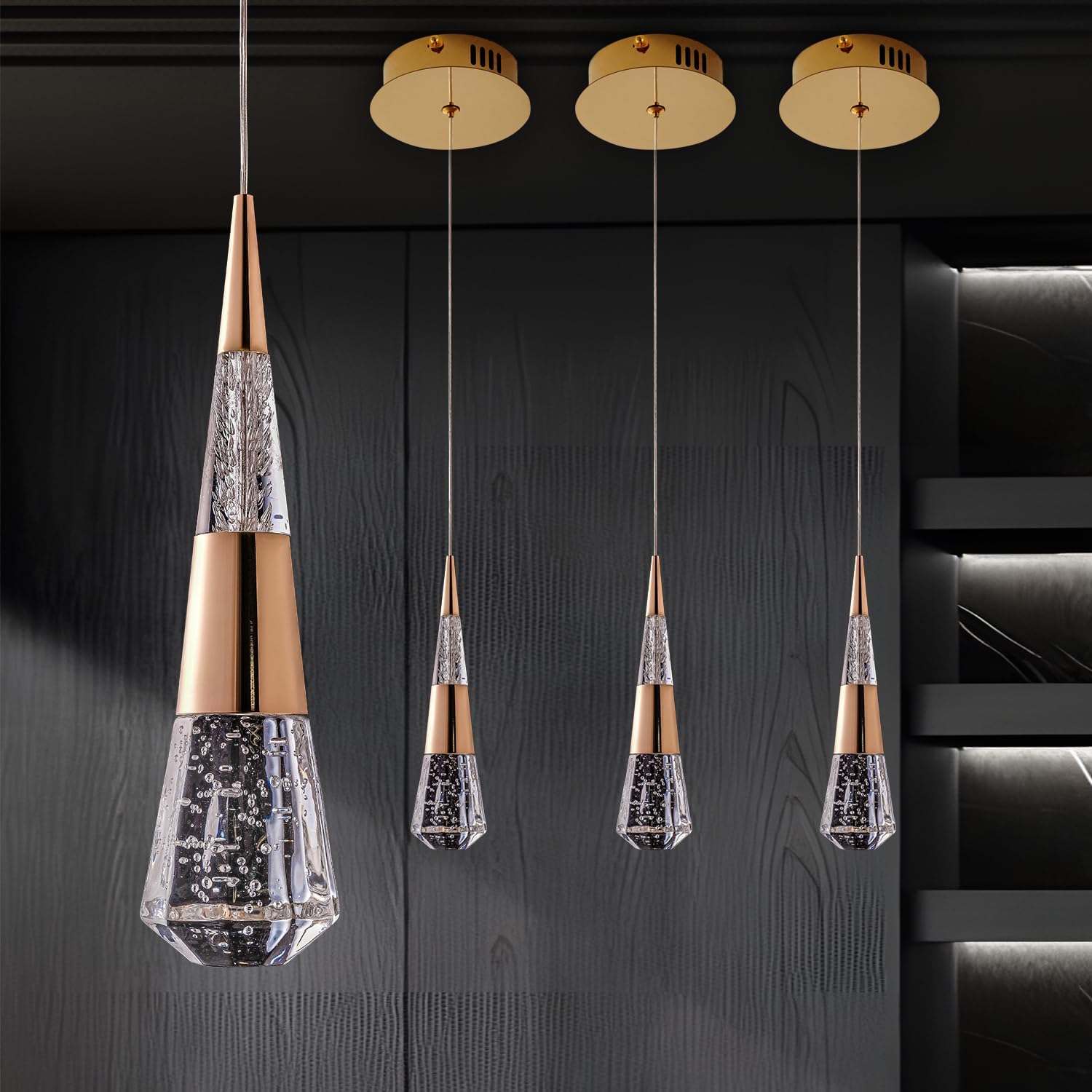 Luces colgantes doradas para isla de cocina, paquete de 3 luces colgantes para isla de cocina, moderna lámpara colgante LED dorada para comedor