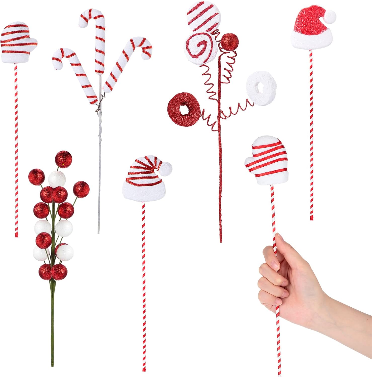 6 púas de adornos de Navidad, decoraciones de árbol de Navidad, guantes de sombrero de Papá Noel, bolas de bayas en palos para árbol de Navidad,